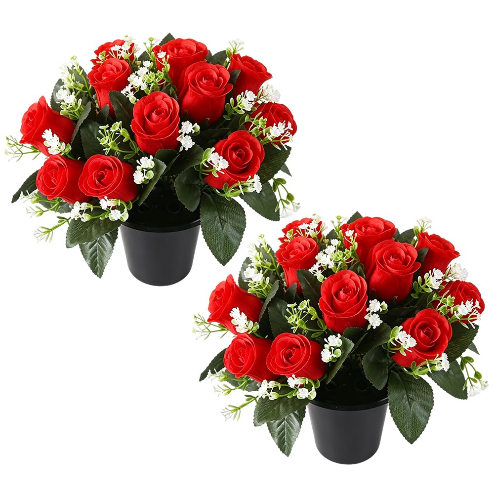 Weciau Artificial Flowers for Graves, 2 Pcs Grave Flower Pots with 12-Head Cemetery Flower, Spring Funeral Memorial Artificial Bouquet for Lasting Tribute and Cemetery Decorations (Red)