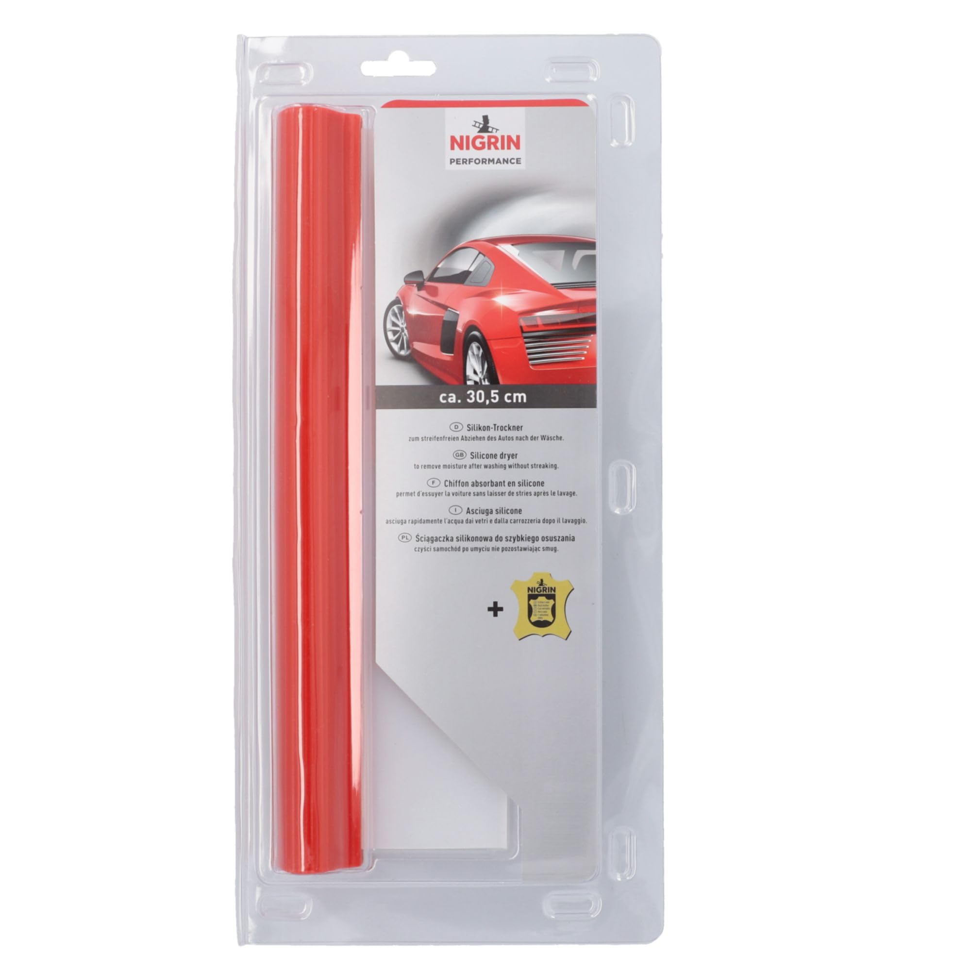 NIGRIN 71112 Performance Silikon-Trockner und Autoleder im Set, Wasserabzieher für Lack und Glas am Auto geeignet, streifenfreie Sauberkeit