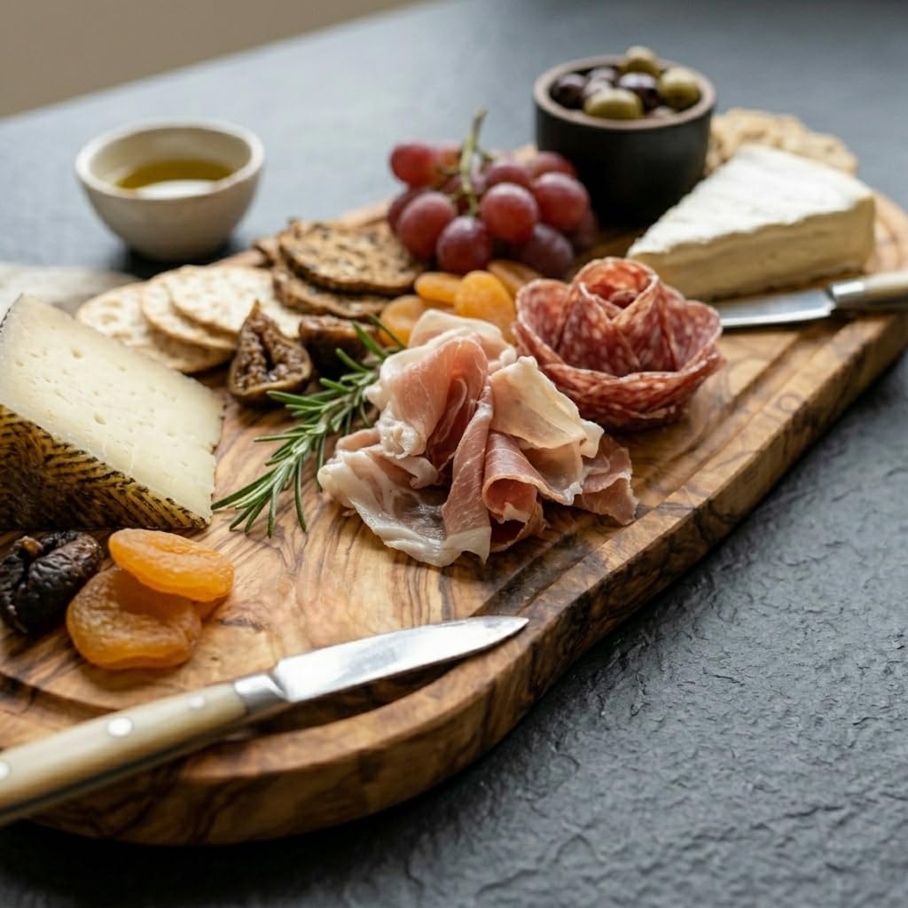Planche de Présentation Bois d'Olivier Massif | Rainure à Jus & Encoche Épices | Plateau Service Viande Fromage Apéritif 40cm | Live Edge Naturel | Artisanat Tunisien | Maison Zayt - Idée Cadeau