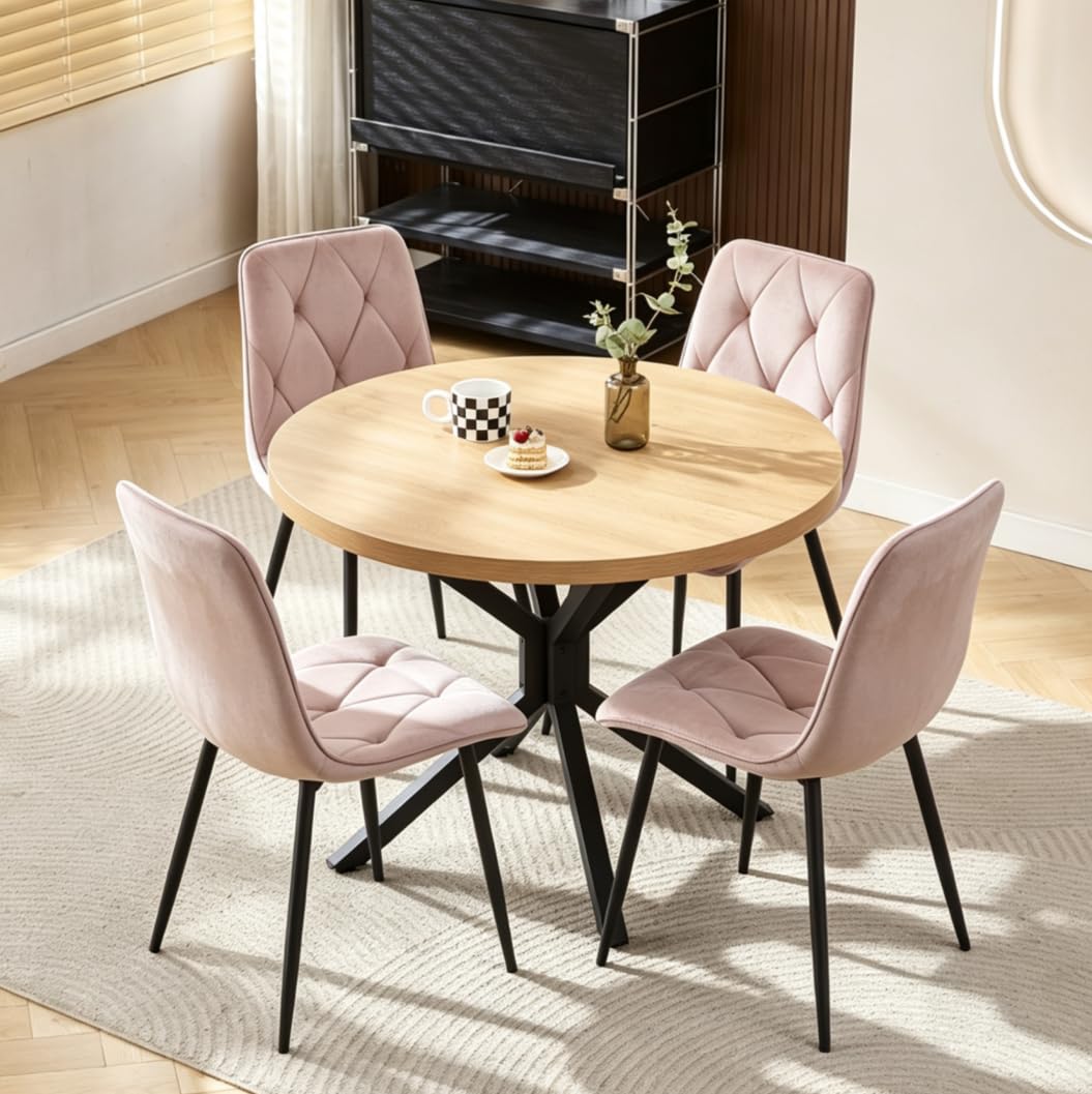 Menaka Round Dining Table and Chairs Set of 4 for Kitchen Diner, 5 Pieces Oak Wood Table with 4 Chairs for Compact Dinette Restaurant (4 argyle grid pink velvet chairs, 95cm Oak Table#2)