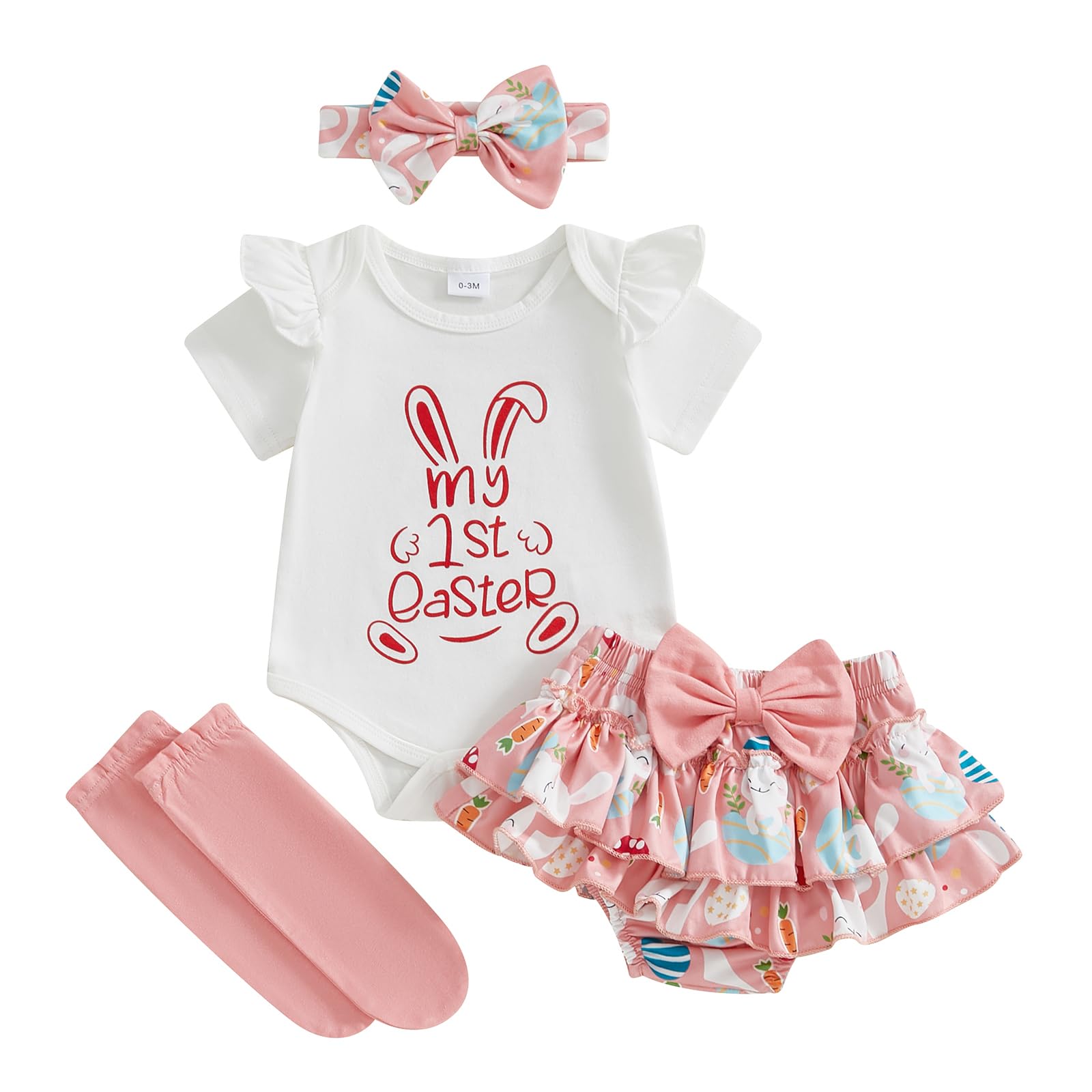 My First Easter Baby Girl Outfit Bunny Short Sleeve Romper+Ruffle Skirt+Headband+Socks Newborn Spring Clothes Set (White, 9-12 Months)