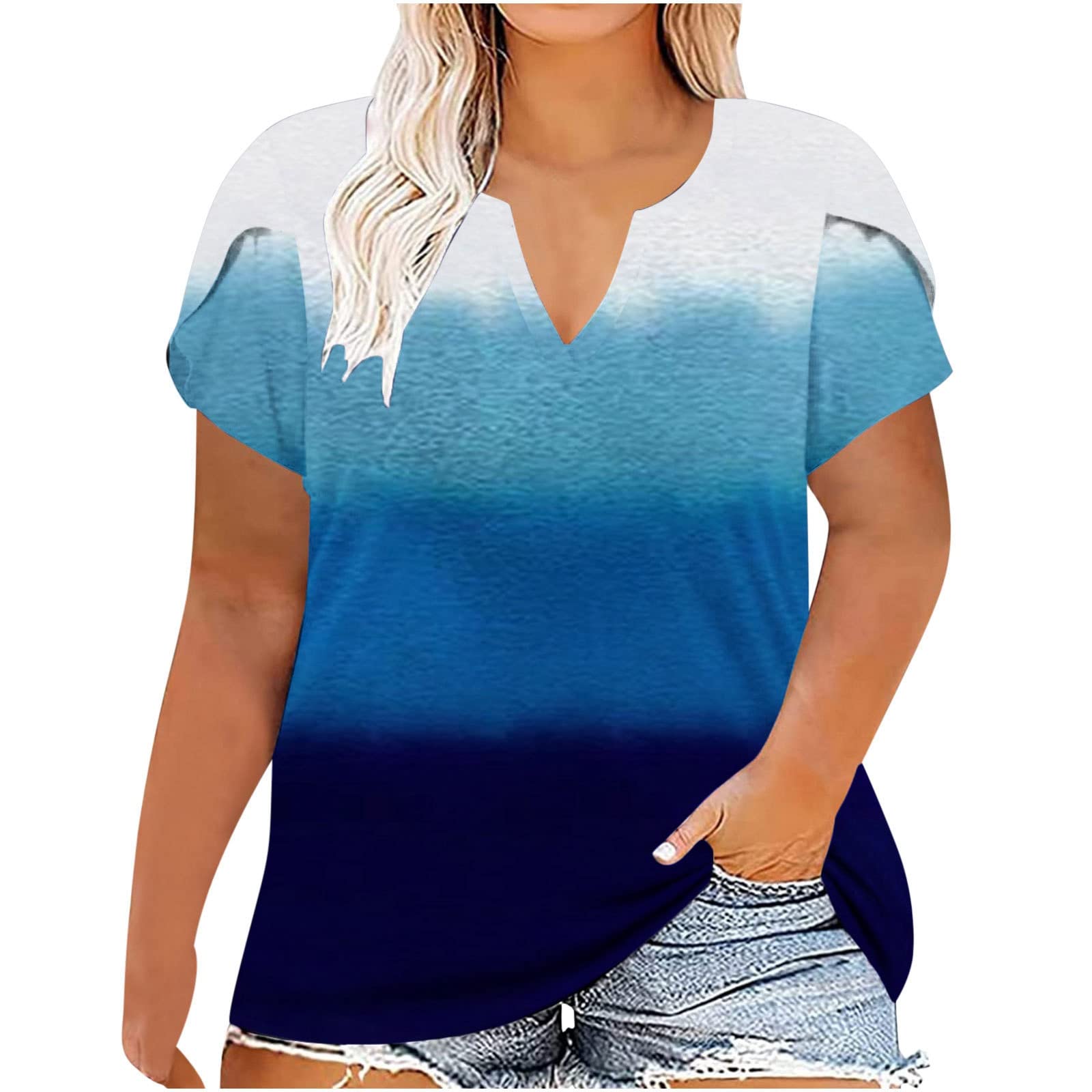 CGGMVCG Plus Size Tops for Women Petal Short Sleeve V Neck Printed Tunic T Shirt Loose Fit Summer Casual Ladies Blouses
