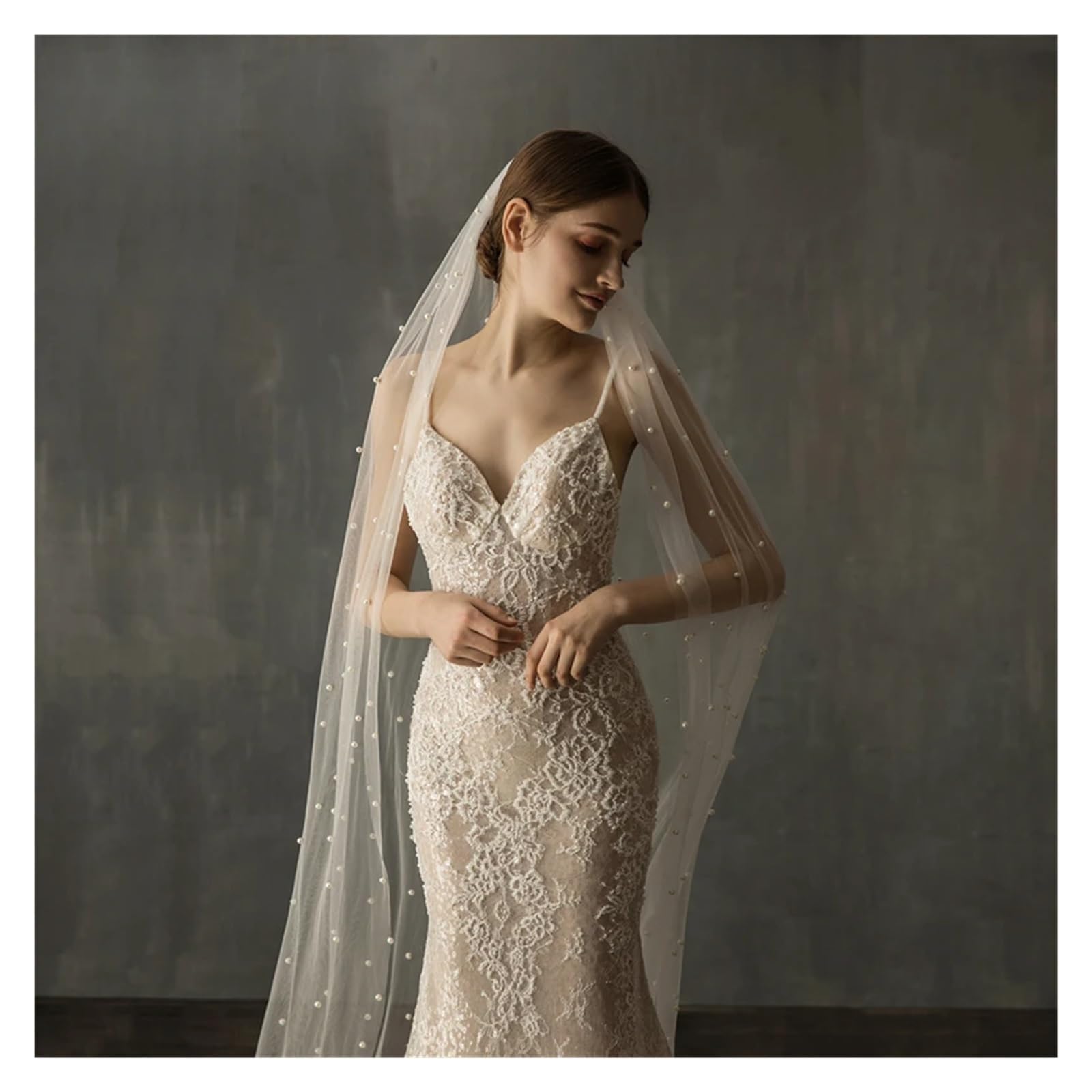 Hochzeit Braut Schleier, Perlen Weiß Elfenbein Lang Mit Kamm Einlagig Kathedrale mit Perlen Kristallperlen 75-300cm(White,300cm)