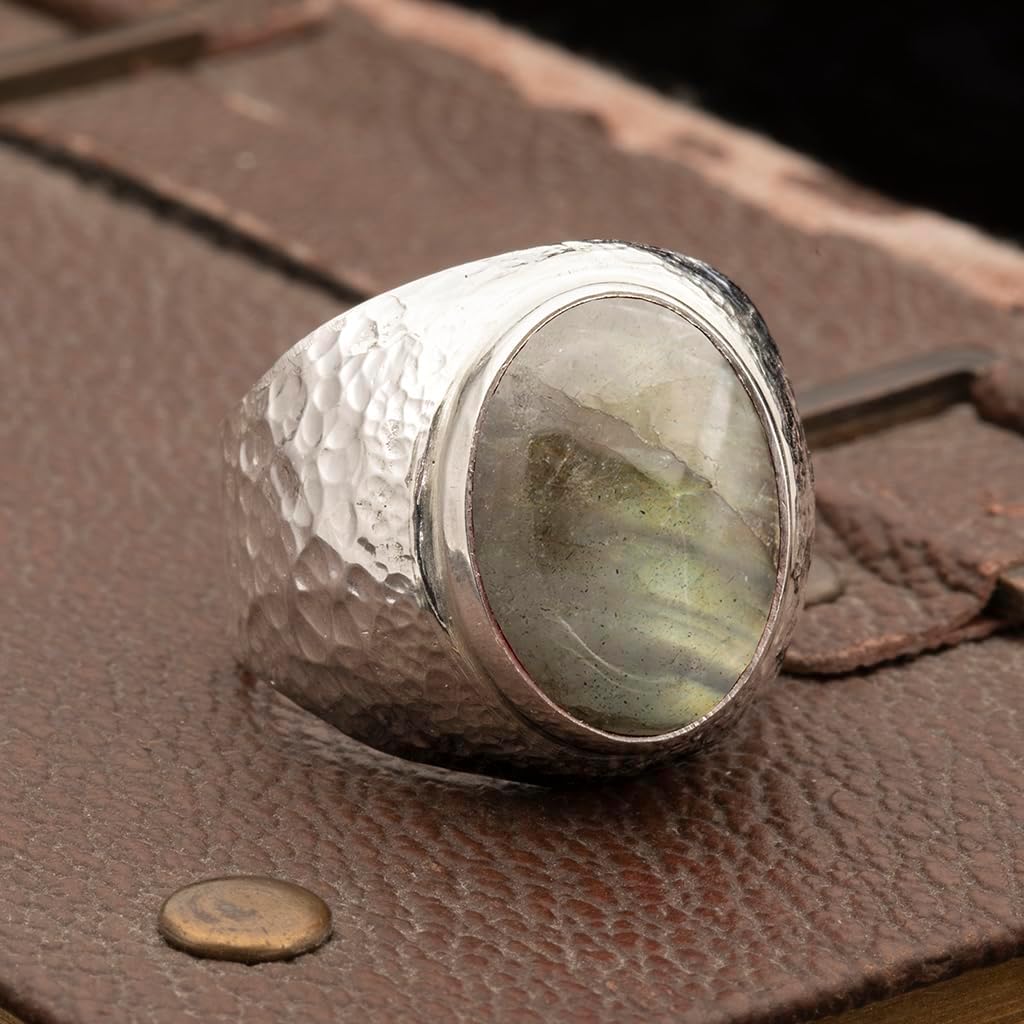 Natural Aventurine Crystal Ring Men's Hammered Anti-Tarnish 925 Sterling Silver Oval Solitaire Gemstone Dainty Statement Healing Crystal Gemini Luck Handmade Turkish Fine Jewelry