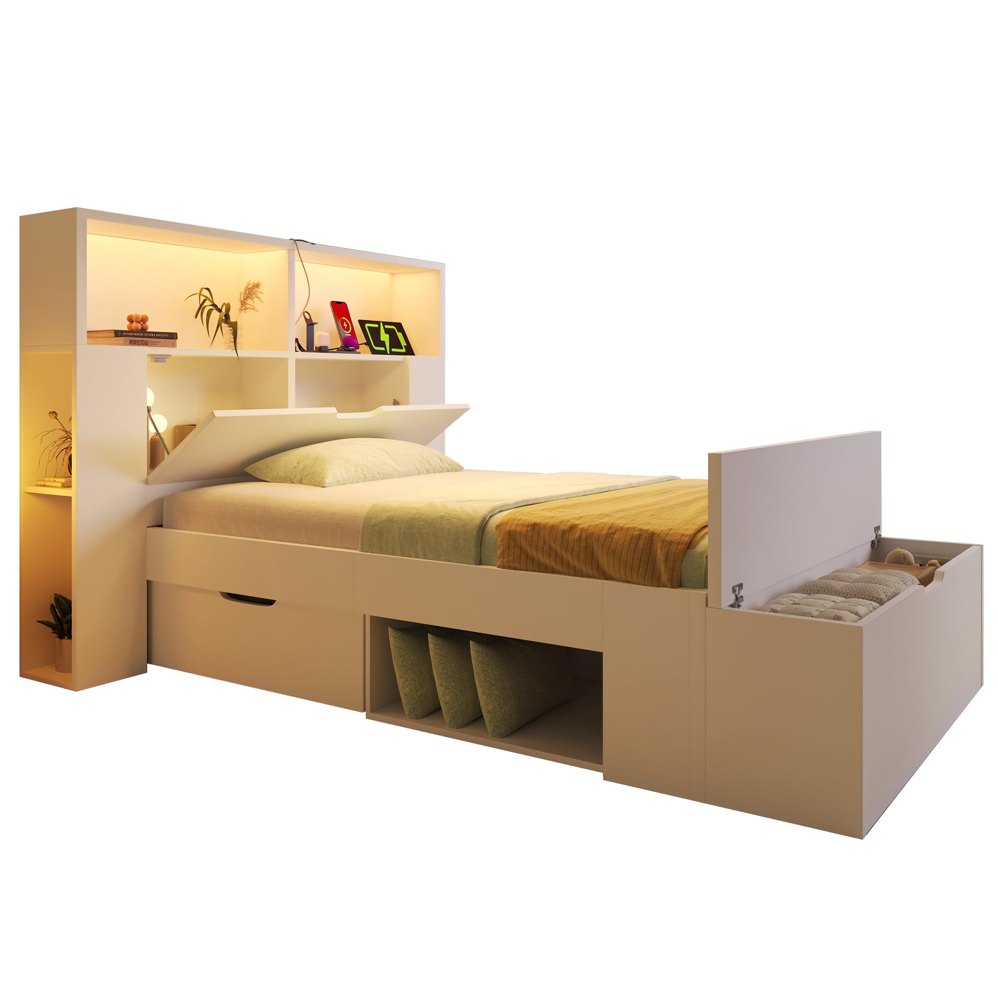 Gecheer Letto Singolo con Contenitore, Struttura in Legno con Luci LED, Porte USB, Cassetti, Panca, Ripiani, Rete a Doghe, 90x200 cm, Bianco, per Cameretta Bambini e Ragazzi
