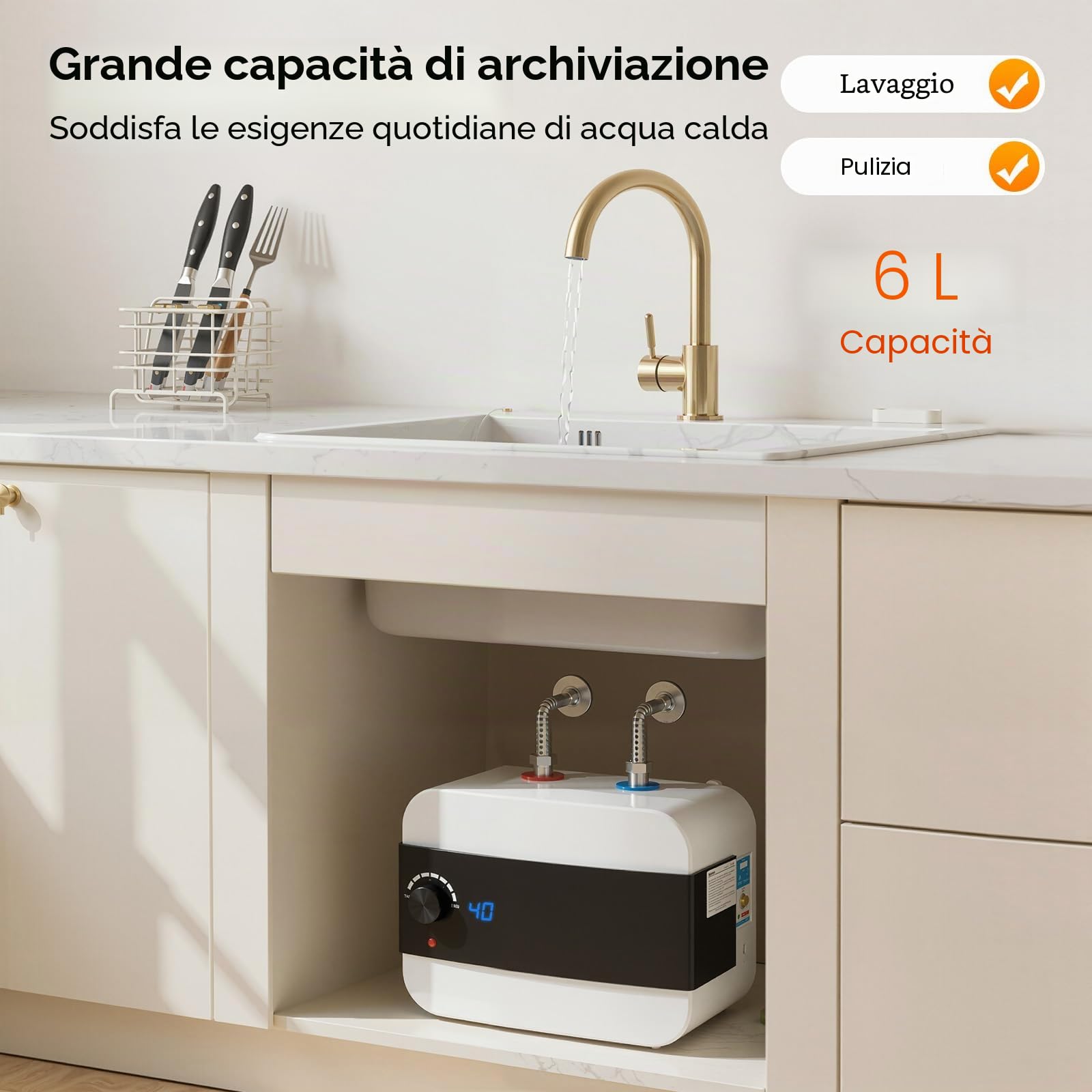 Scaldabagno istantaneo elettrico 1500 W, mini scaldabagno 6L con tubo, regolazione della temperatura 0-65 °C, LED chiaro, economico e compatto, per lavabo cucina bagno