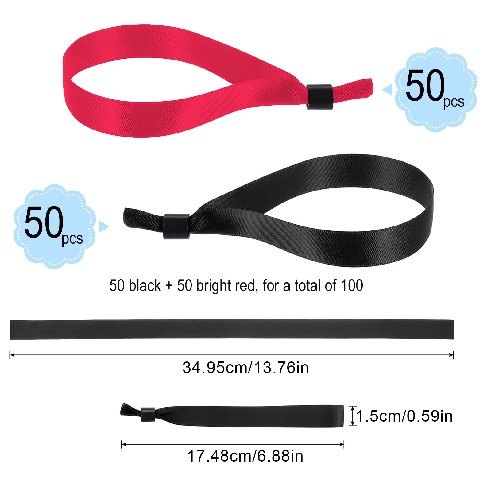 100 Stück Einweg-Festival Armbänder, Festival Bänder, Stoffarmbänder für Party, Konzerte (50 Schwarz + 50 Rot)