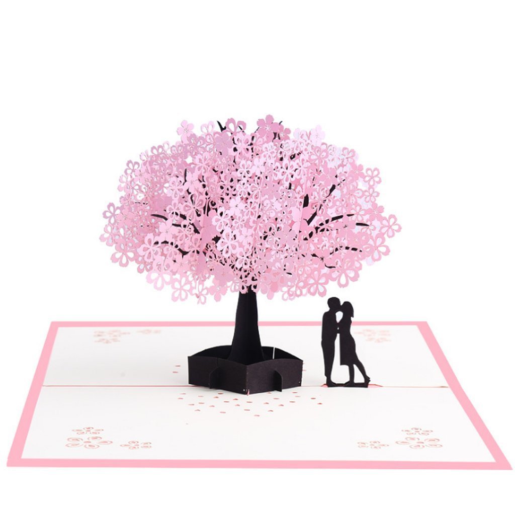 Adofect Handmade Cherry Blossom Pop Up Card, 3D Card, Springtime Card, Birthday Card, Dating Card for Husband, Wife, Boyfriend, Girlfriend - Cherry Blossom Tree with Lovers