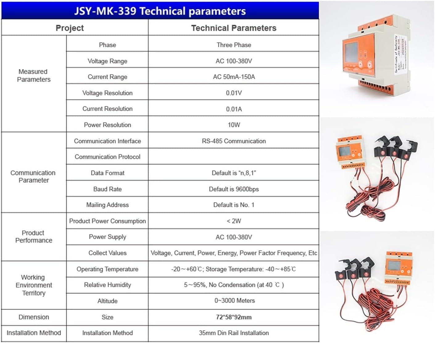 JSY-MK-339 RS485 150A 3P4W AC Energy Meter