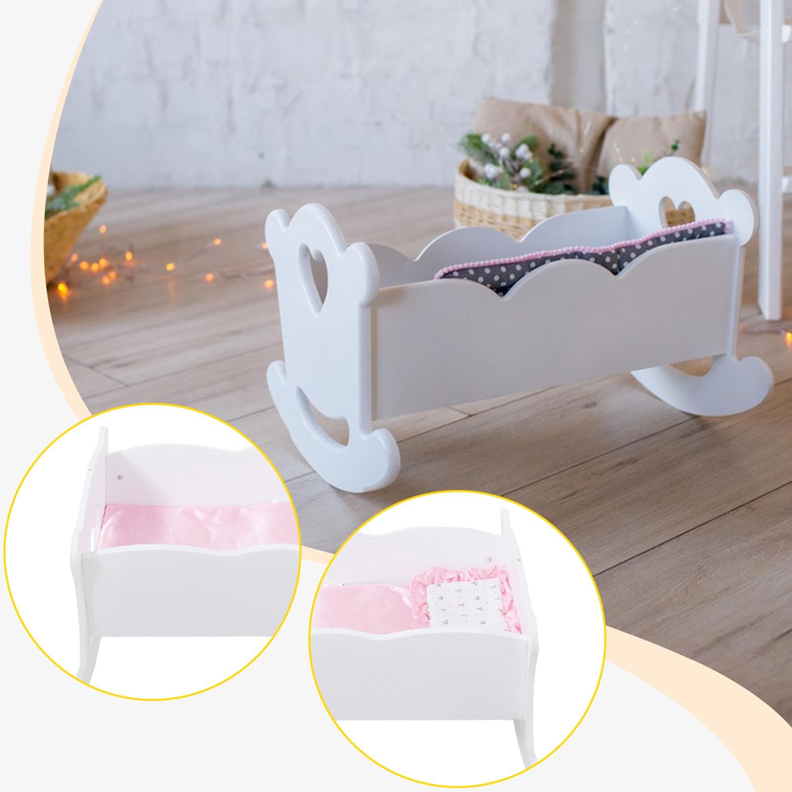 Letto A Dondolo Per Bambole In Legno Bianco | funzione oscillante, cuscino e coperta inclusi, gioco realistico