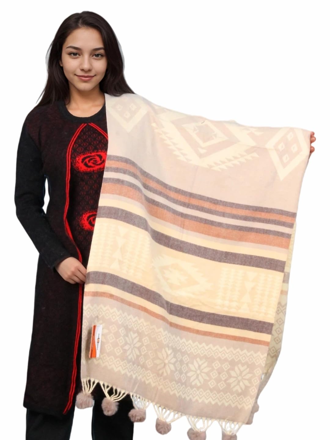 Women's Soft Plaid Shawl Wrap Scarf with Pom Poms Warm Blanket Stole Fashionable Winter Gift for Ladies