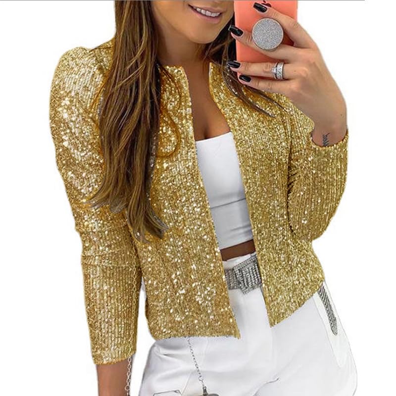 Women Sequin Jacket Open Front Casual Shiny Cardigan Concert Glitter Sparkly Shrug Coats Blazer Party Night
