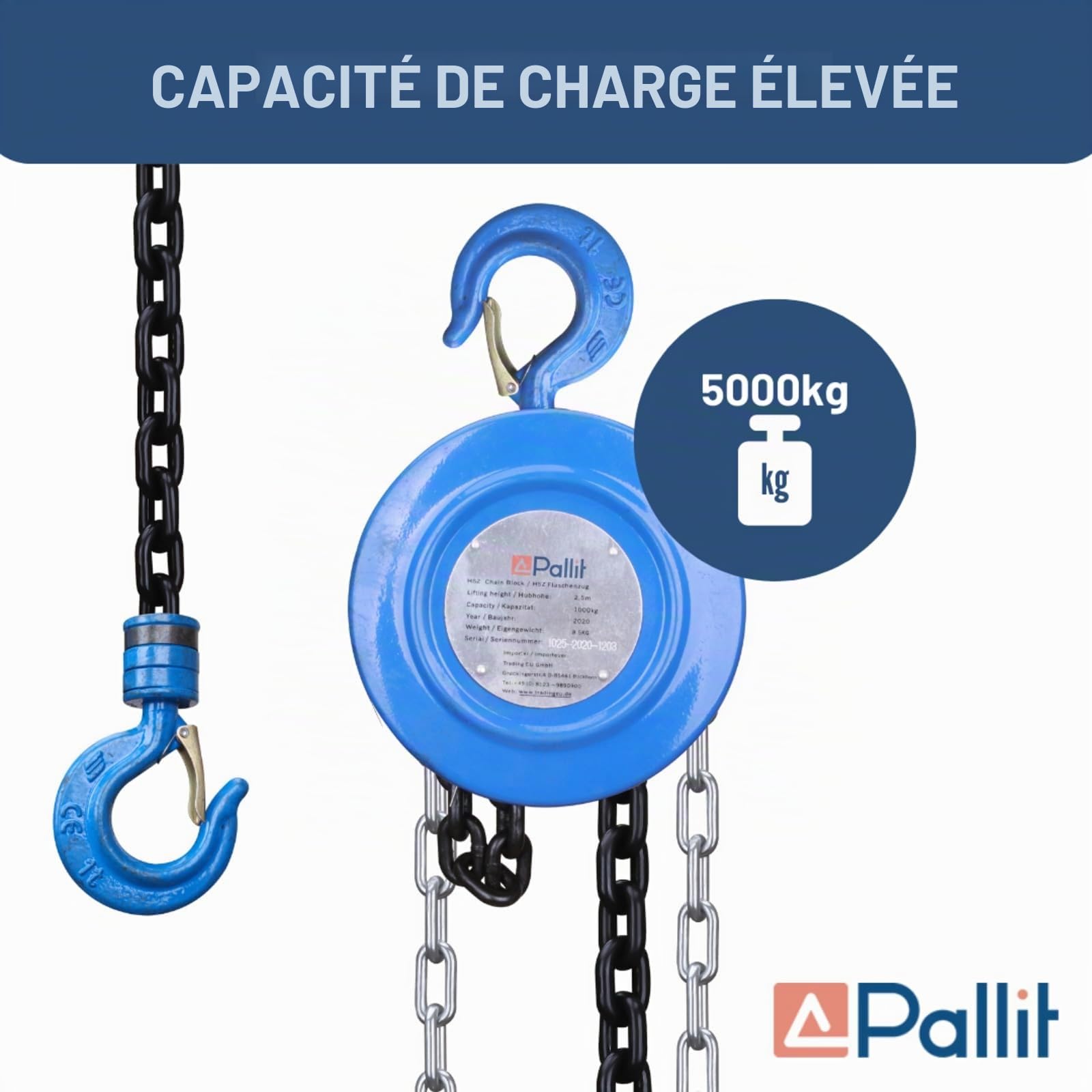 Pallit Palan CHAIN-L | Capacité de charge 5000 kg | Hauteur de levage 2,5 m | Poulie à câble avec crochet rotatif à 360°