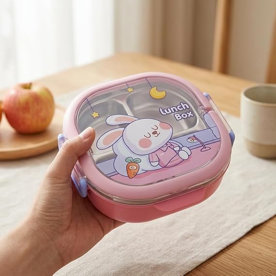 Deconox 700 ml Paslanmaz Çelik Yemek Kabı, 3 Bölmeli Kilitli Lunch Box, Çatal Kaşık Dahil Renkli Desenli Saklama ve Taşıma Kabı
