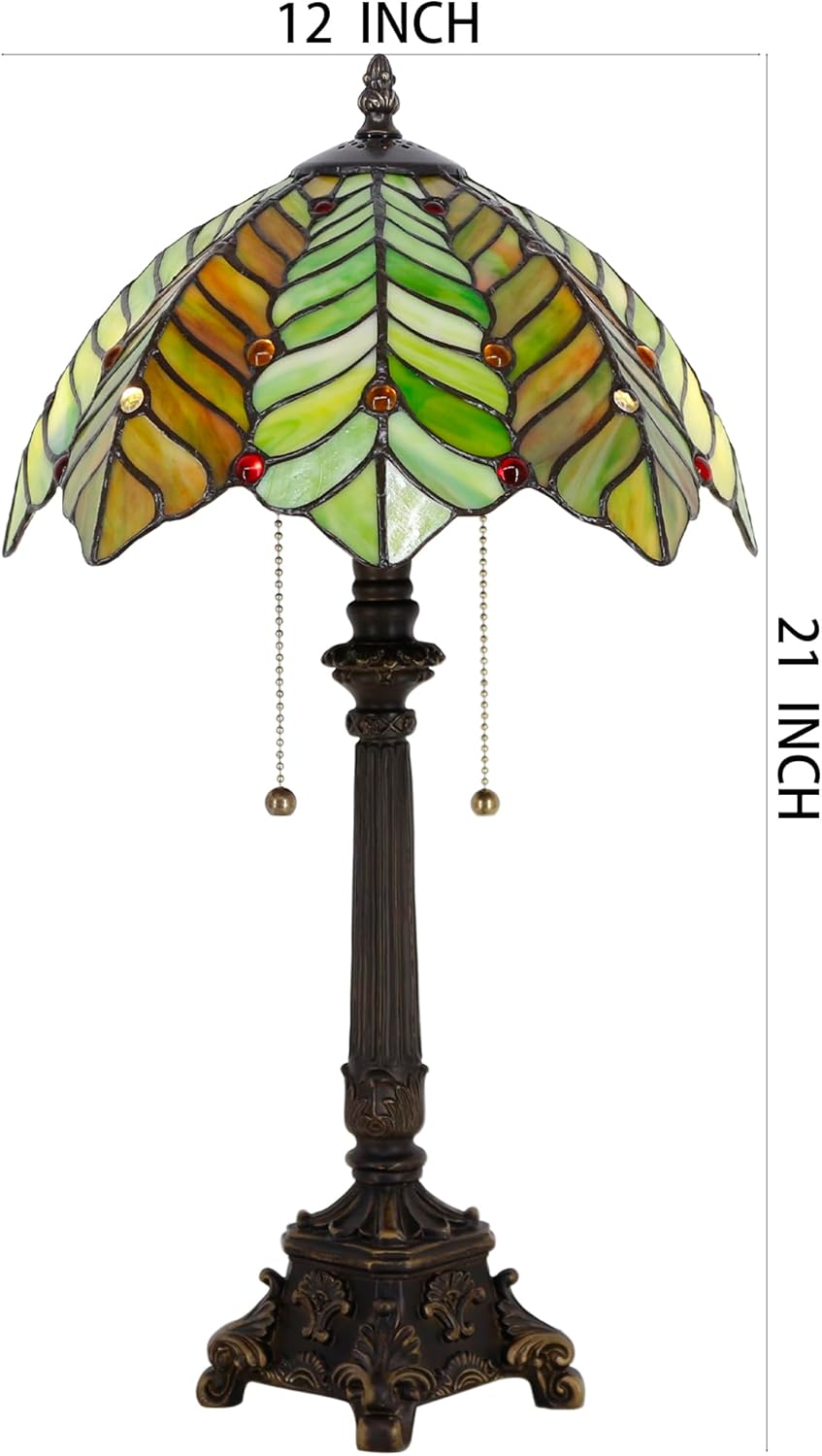Tiffany Table Lamp Brown Green Leaf Style Stained Glass Desk Lamp 12X12X21 Inches Reading Light