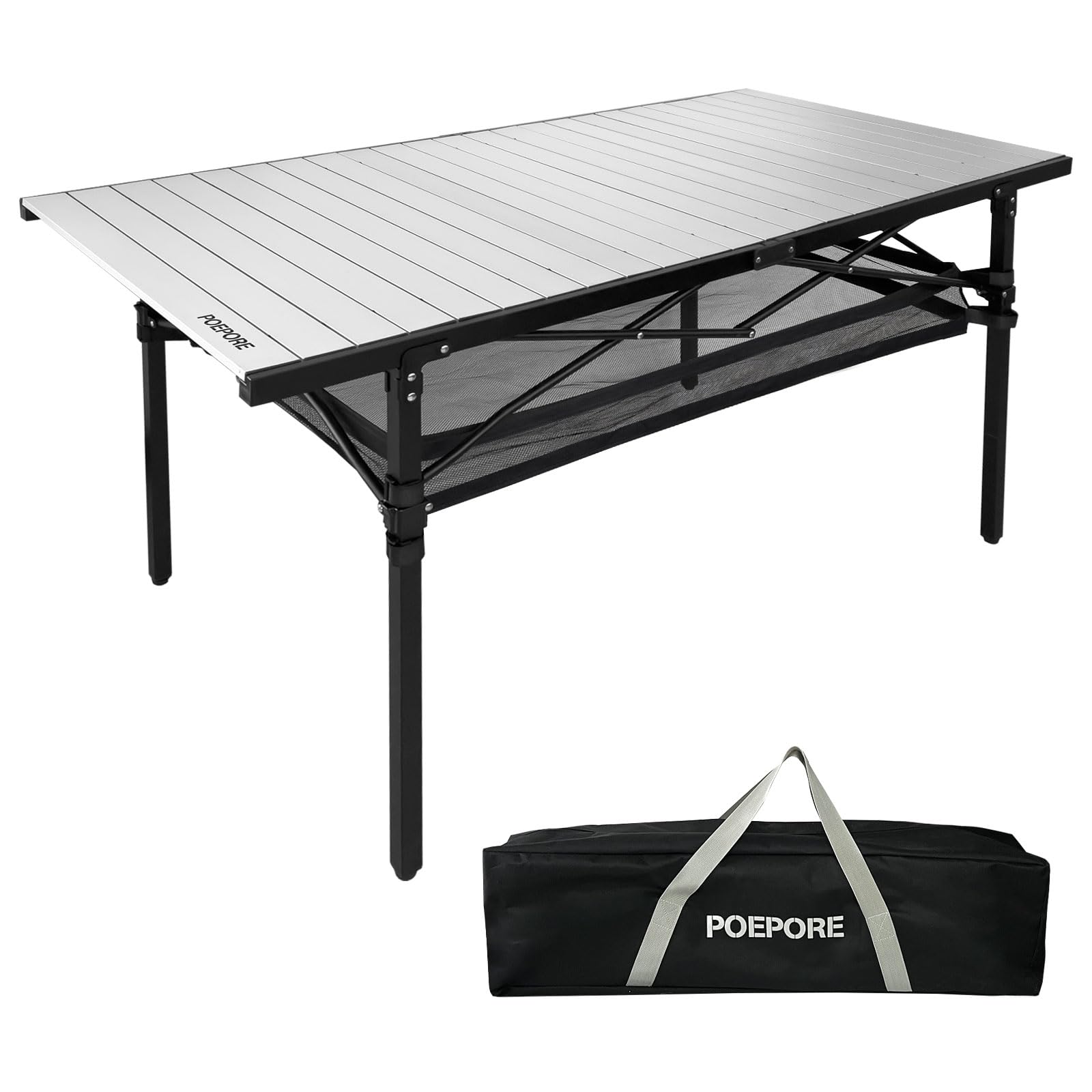 Duży aluminiowy składany stół kempingowy z miejscem do przechowywania, 137 x 60 cm, dla 4-6 osób, wysoki, przenośny, zwijany, lekki, z torbą do przenoszenia, na piknik, grill, podwórko, plażę