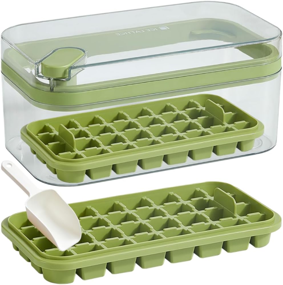 Ice Cube Trays for Freezer with Lid and Bin, 64 Ice Cubes, 2 Trays, Container, Lid & Ice Scoop (Green)