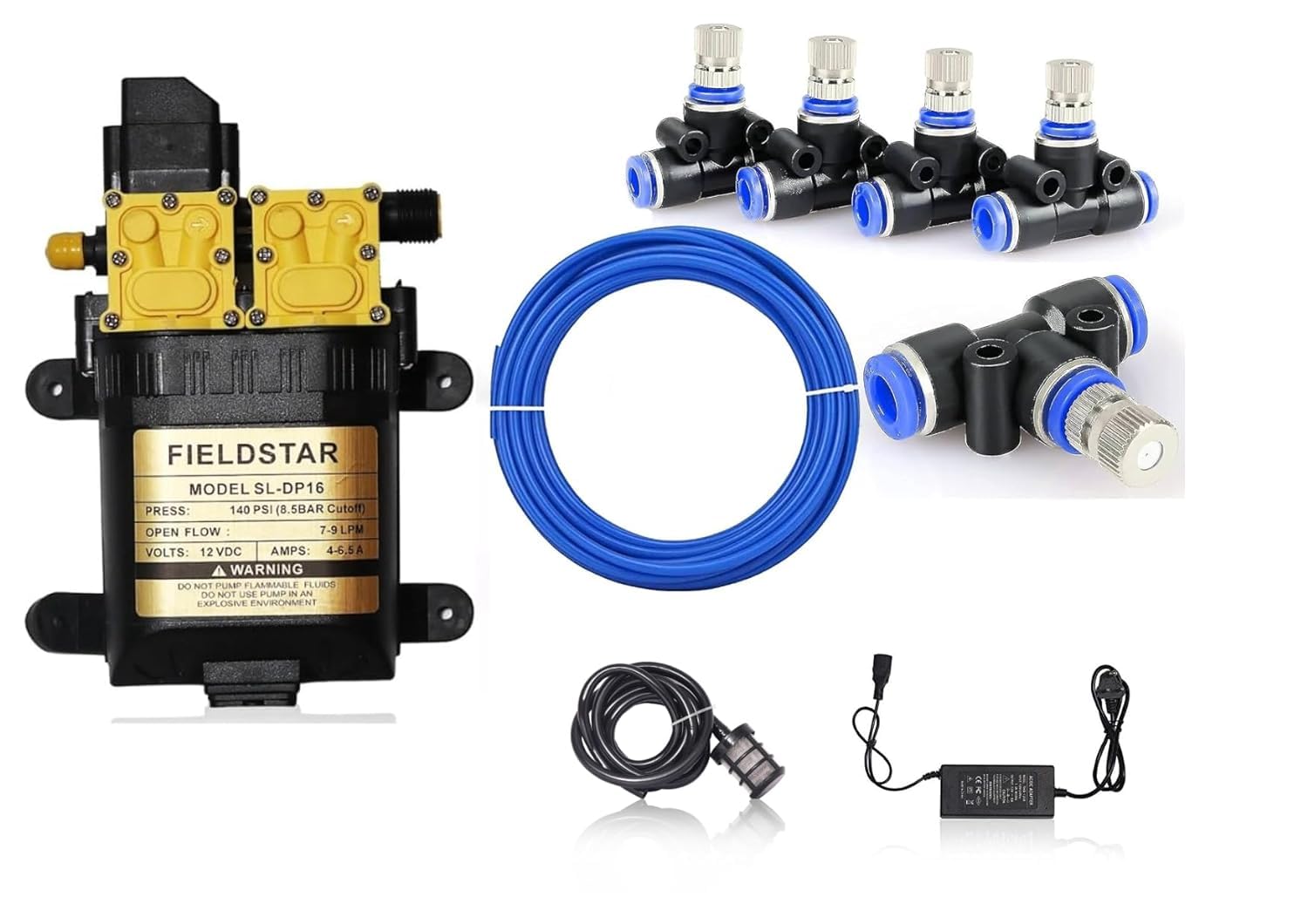 Fieldstar DIY Misting System Kit with Nozzles, Mist Pump, Pipe, Connectors etc. for Terrace/Balcony/Garden cooling/Animal Husbandry/Hydroponics/Fish Farming (8 Nozzles)