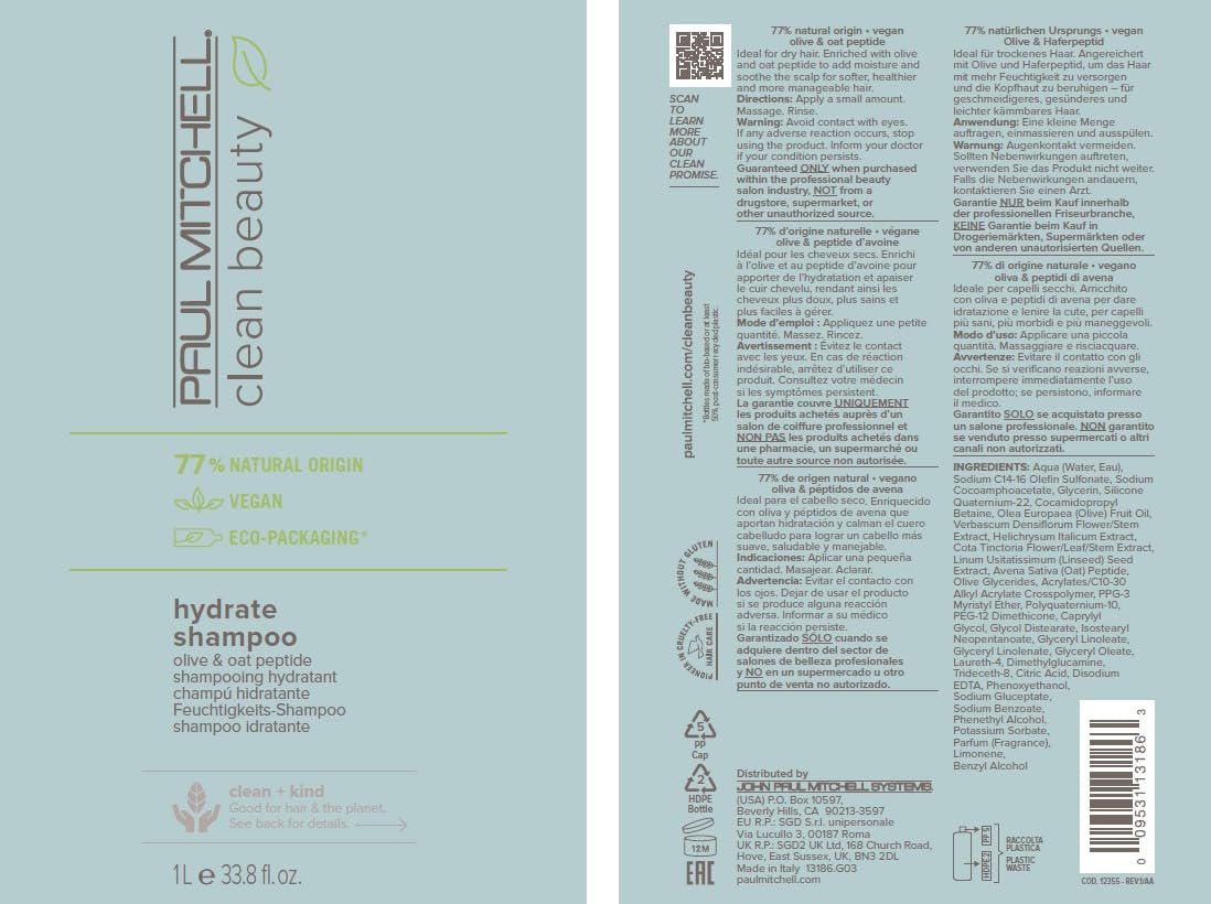 Paul Mitchell Clean Beauty Hydrate Shampoo – Reichhaltige Haar-Wäsche Mit Oliven-Öl, Feuchtigkeitsspendende Hair-Care Für Trockenes Haar – 1000ml