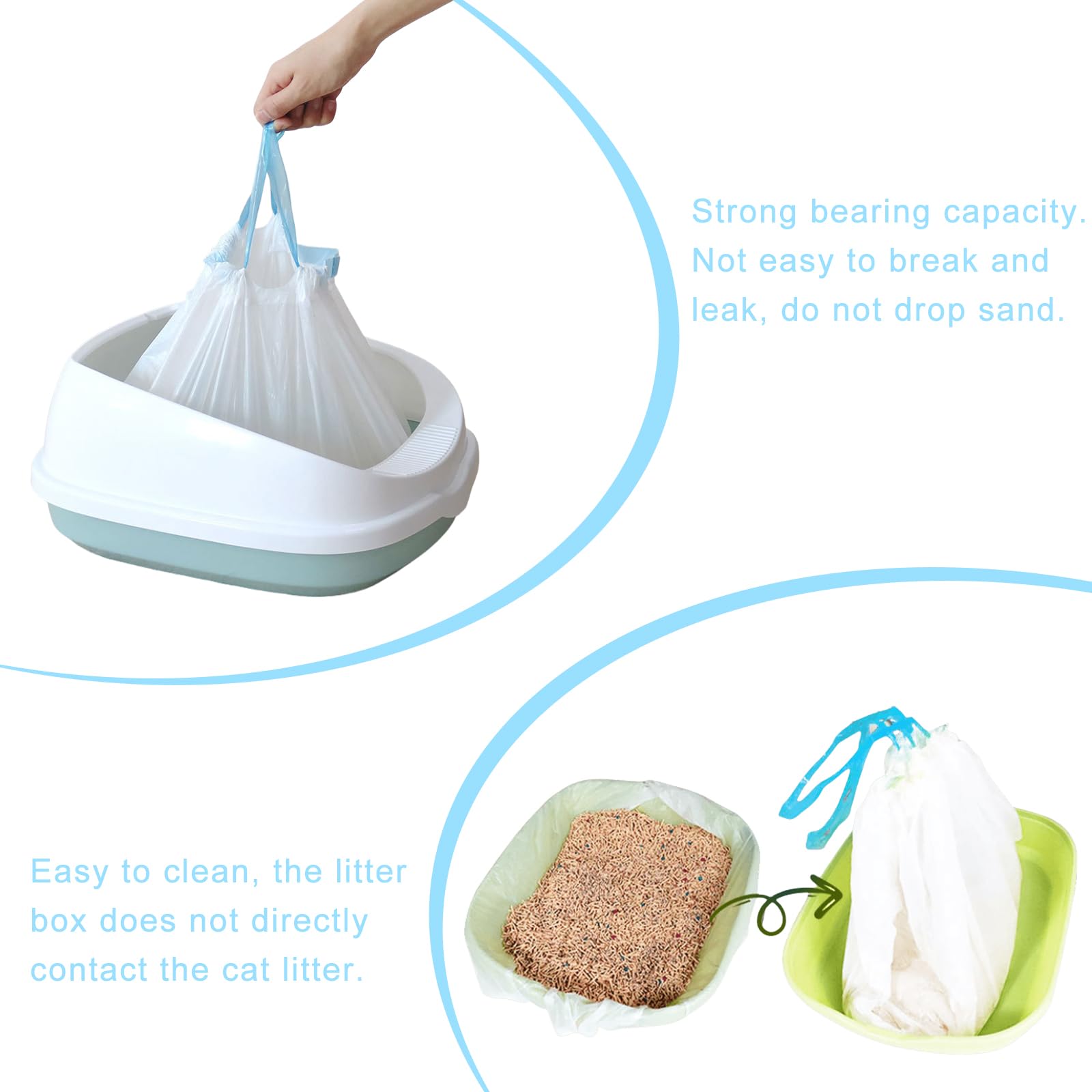 100 sacchetti per lettiera per gatti, 58 x 35 cm, con laccetti, autopulenti, sacchetti per lettiera per gatti, resistenti e antistrappo, a tenuta stagna