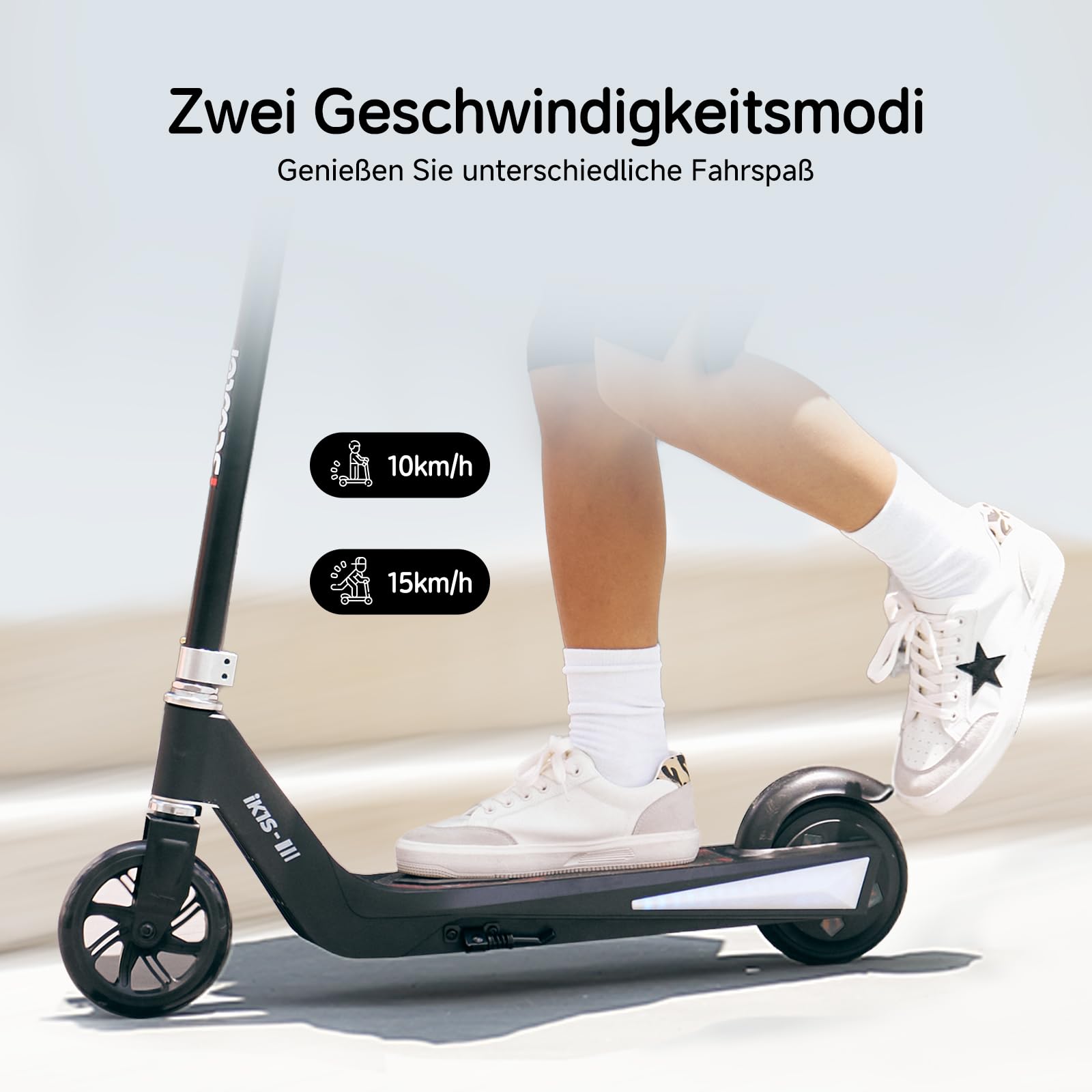 iScooter Monopattino elettrico per bambini dai 6 ai 10 anni, 2 modalità di velocità (10/15 km/h), monopattino per bambini con 3 luci regolabili alte e colorate di 7 colori, 40 minuti di guida fino a
