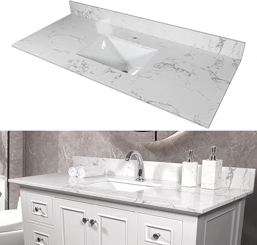 Miniatura 41 de Encimera de tocador de mármol de 43 pulgadas con fregadero, encimera de piedra de ingeniería con fregadero de cerámica y protector contra blanco