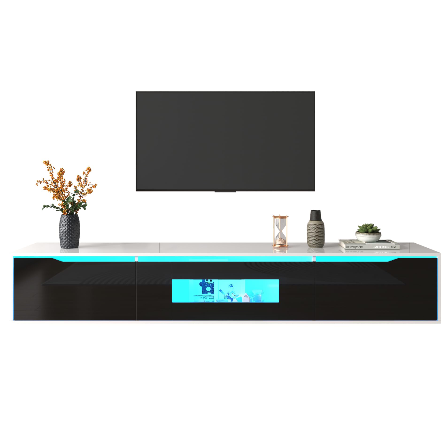 Merax Meuble TV avec éclairage LED - Meuble TV Moderne pour Salon et Salle à Manger - Noir + Blanc - 180 x 35 x 30 cm (L x l x H)