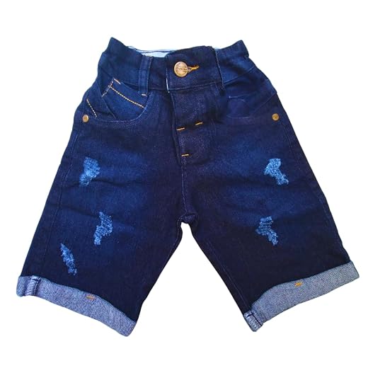 Bermuda Jeans Rasgada Infantil com Lycra, Regulador na Cintura, 3 Bolsos Frontais, 2 Traseiros, Azul Escuro, Tamanhos 2-6