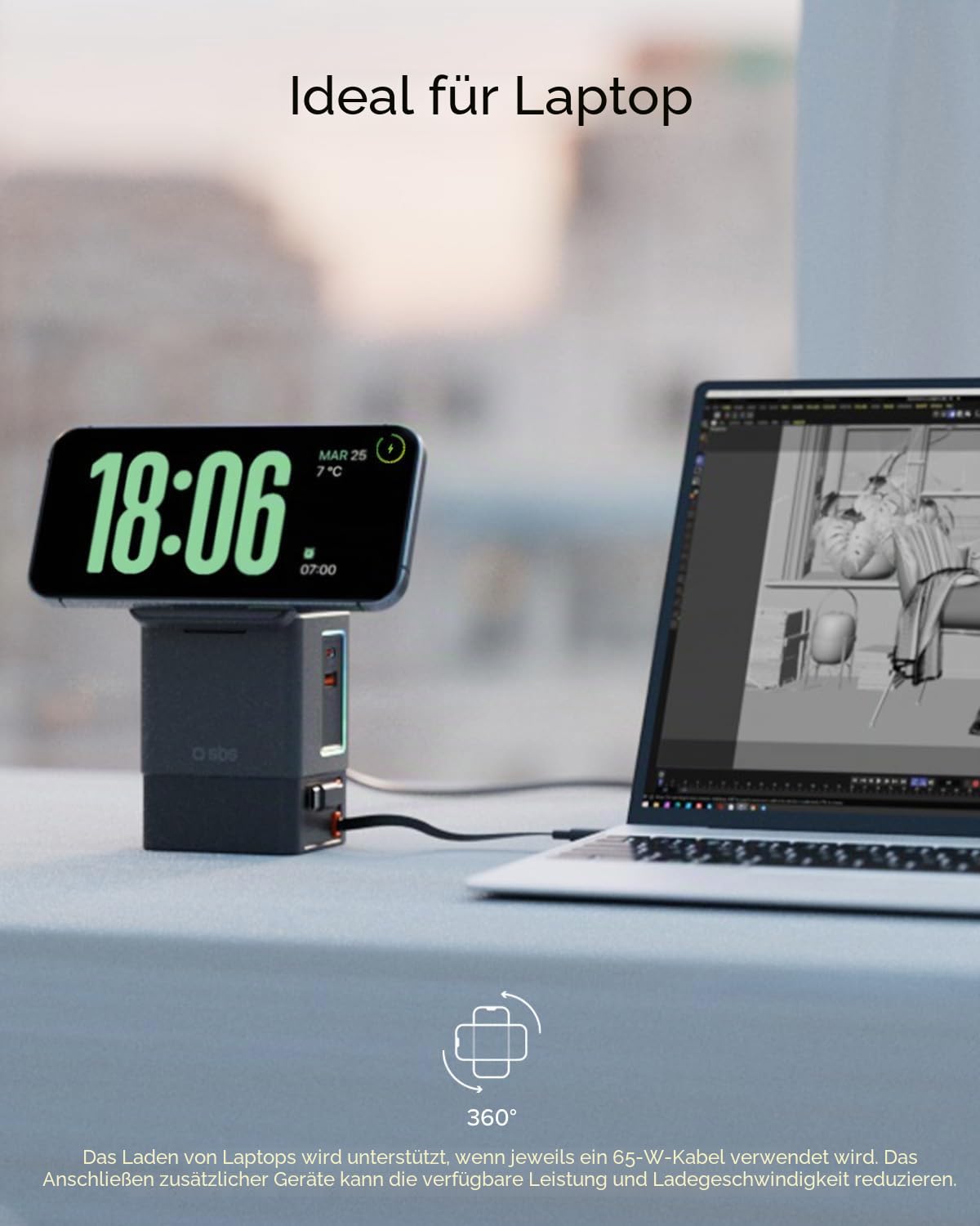 SBS Power Dock 6in1 100W USB-C, Kabelloses Laden 15W, MagSafe-kompatibel, Power Delivery (PD 3.0 PPS), Ladestation mit 2X Einziehbarem Kabel, Netzteil für Notebook, iPhone, AirPods, Schwarz | Power Delivery (PD 3.0 PPS), Ladestation mit 2 einziehbaren Kab