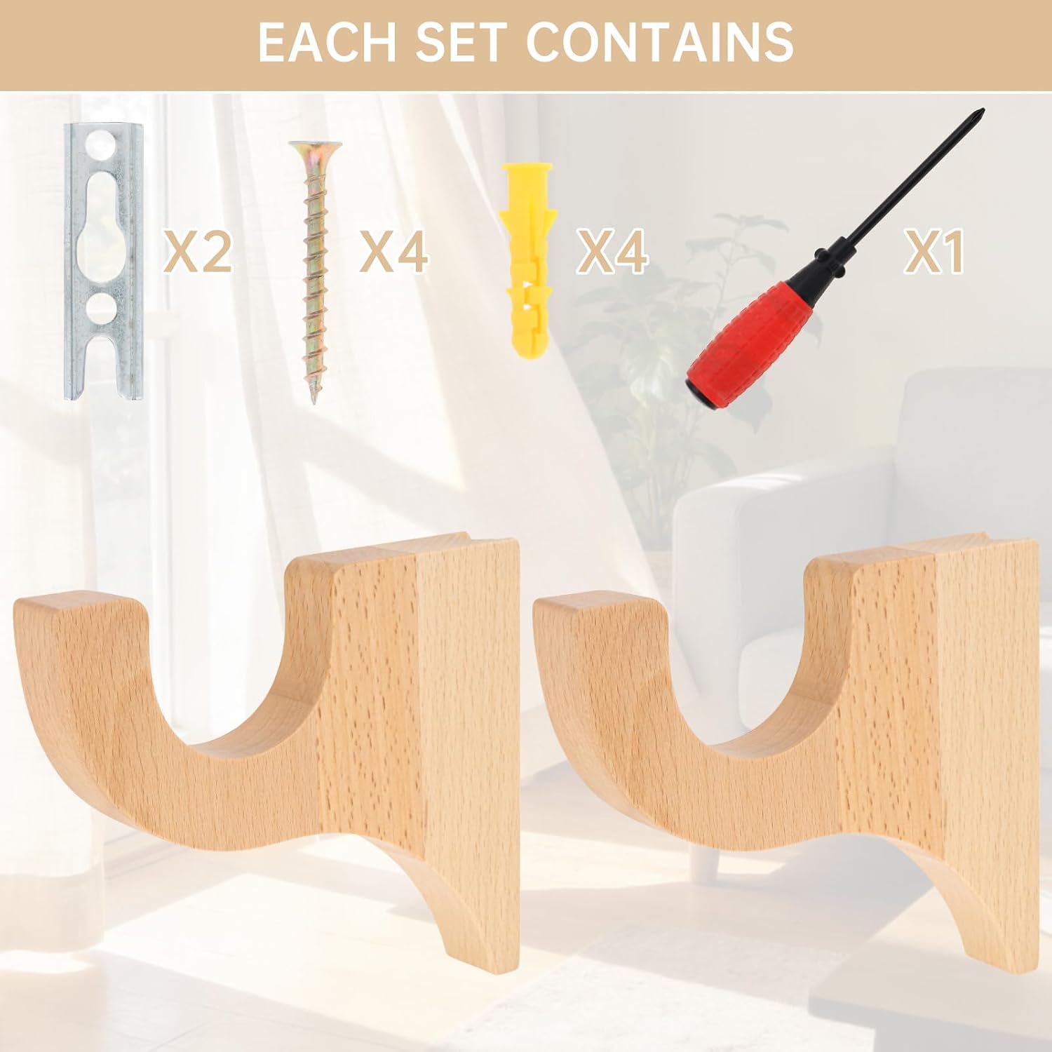 2 Pack Wooden Curtain Rod Brackets, Solid Beech Wood Curtain Rod Holders for 2 Inch Pole, Wall Mounted 3-1/2" Return Bracket with Mounting Hardware Hidden for Hanging Drapes