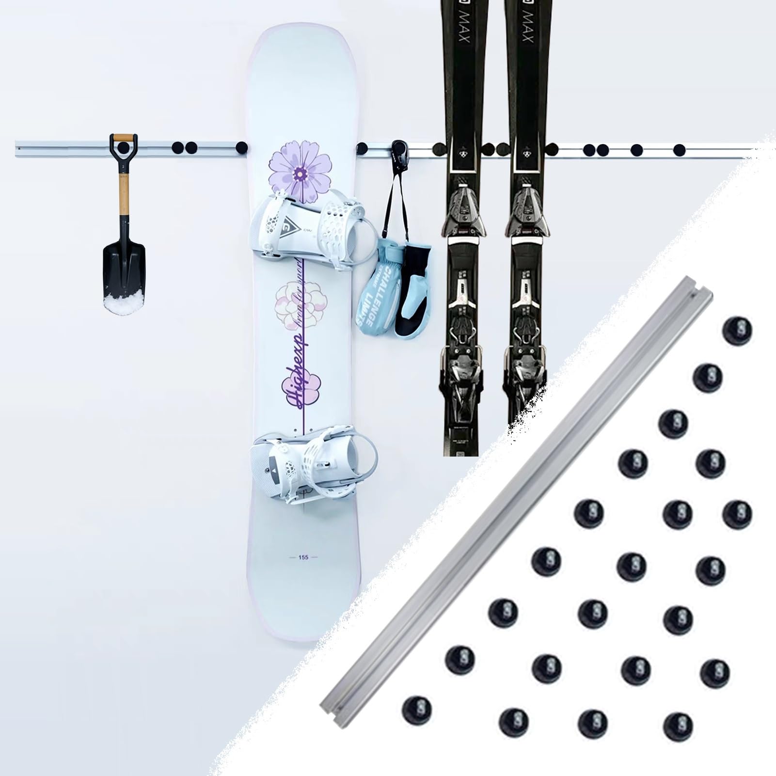 Porte Ski Support Mural Suspendu pour Skis de Descente Dans Le Garage, Système de Rangement pour Bâtons de Ski, Pagaies, Casque, Masque et Planche(1.5m(4.9ft)+22inserts)