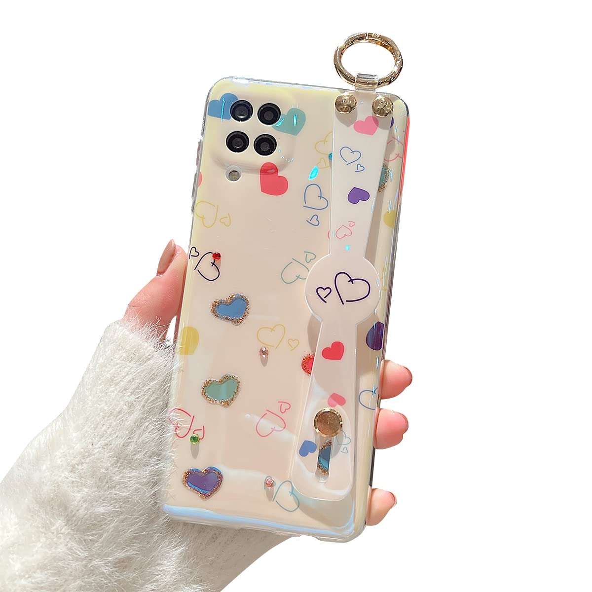 LastmaSamsung Galaxy A12 / M12 Case Cute with Wrist Strap Kickstand Glitter Bling Cartoon IMD Soft TPU Shockproof Galaxy A12 M12 5G Protective Cases Cover for Girls and Women - Heart