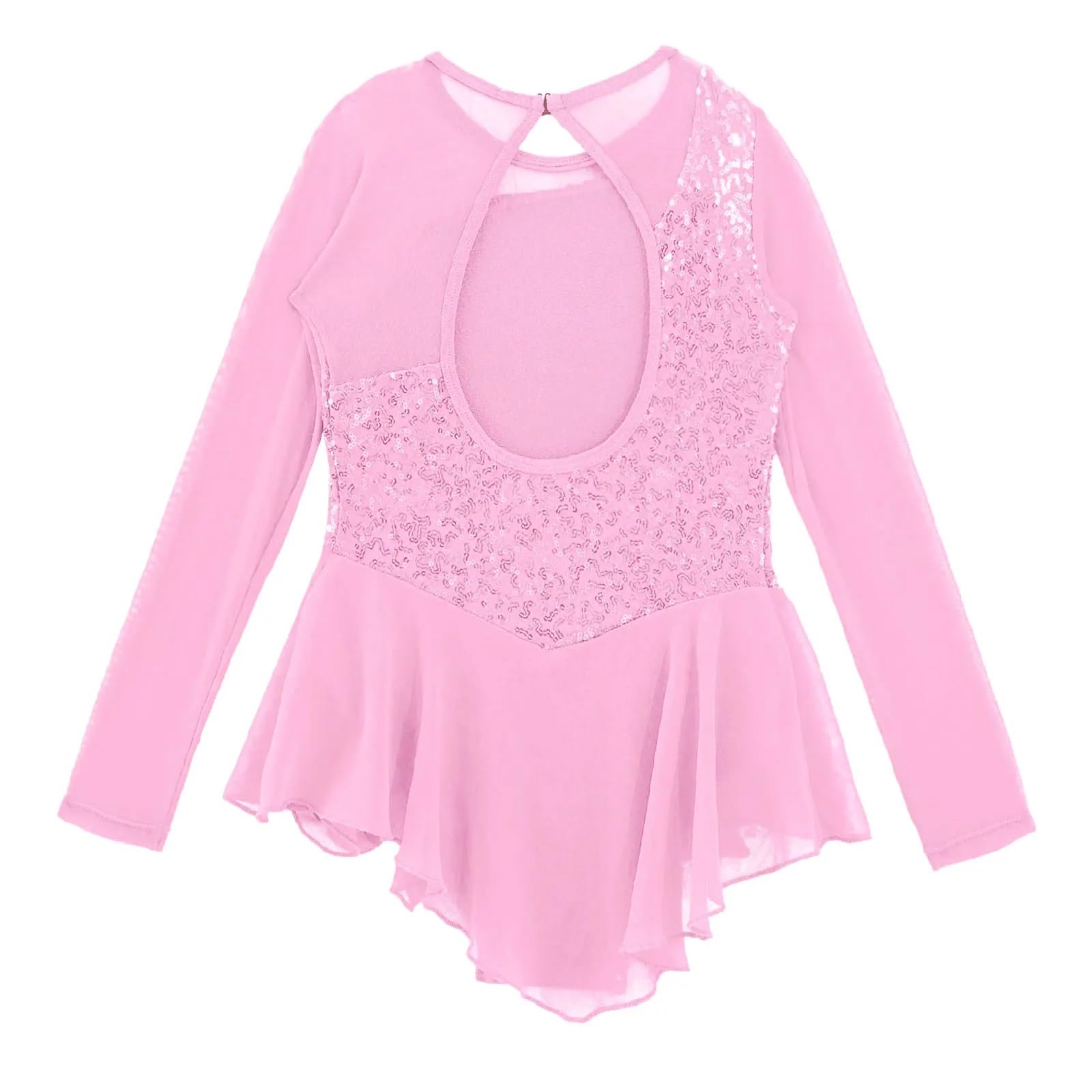 Gymnastikanzug Mädchen Pailletten Gymnastik Trikot Kleid Mesh Lange Ärmel Bühne Leistung Ballett Dancewear Figur Eislaufen Tanz Kostüm(Pink,6)