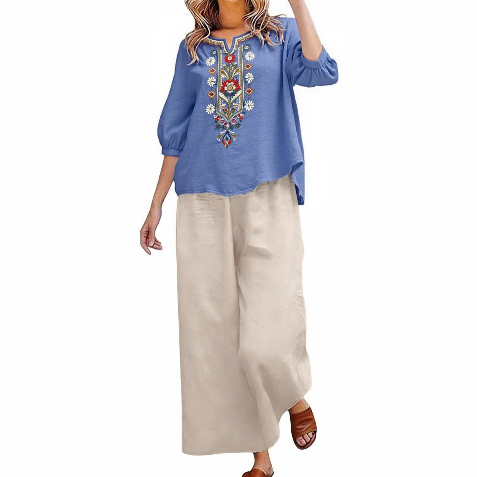 Blusa cómoda con bordado y pantalones anchos de lino y algodón de mujer 4