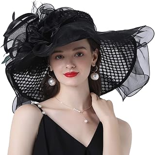 Go Mai Ladies Sun Hat with Mesh Flower Decoration Wide Brim Hat Occasion Event Kentucky Derby Church Dress Hat Black