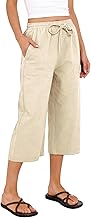 Cropped Trousers for Women UK Casual Summer Linen Trousers Trendy 2026 Loose Lounge Yoga Beach 3/4 Length Capri Pants with Pockets Cotton Palazzo Wide Leg Pants for Women UK Ladies Culottes Plus Size