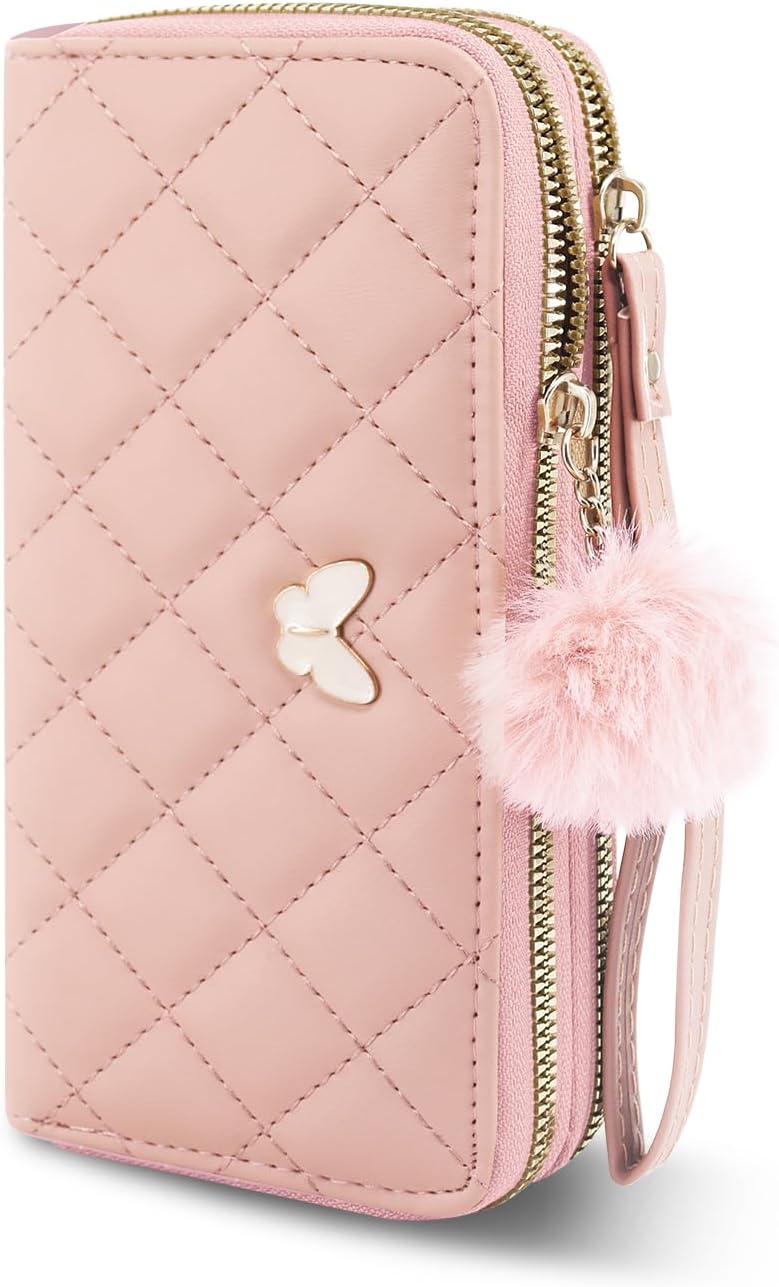 Womens Wristlet Wallets, PU Leather Clutch Wallet Double Zipper Credit Card Wallet with Multi Card Slots