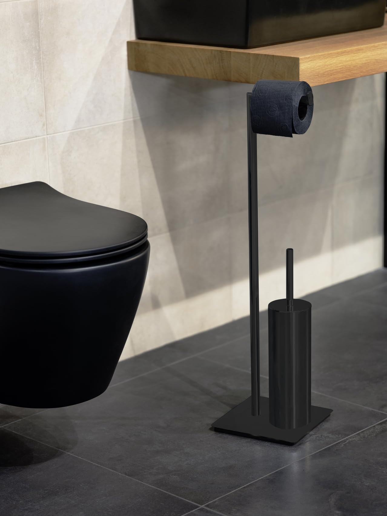 WENKO Stand Recco - Escobillero para Inodoro (2 en 1, Acero Lacado, Base Pesada, 20 x 71,5 x 20 cm), Color Negro