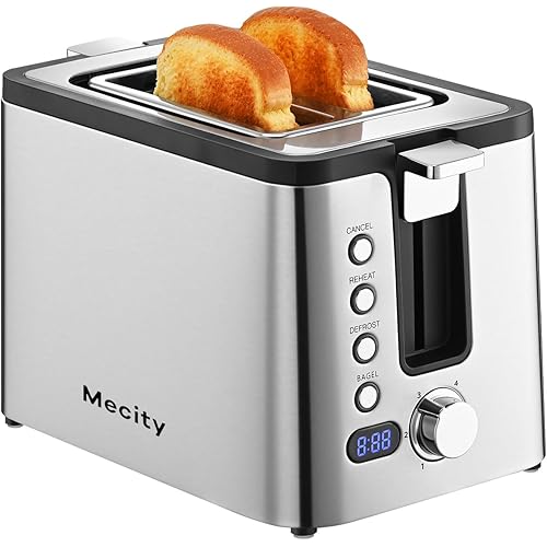 Mecity Toaster 2 Slice Stainless Steel Body, Timer, Bagel, Defrost, Reheat, Cancel Functions, Warming Rack, Removable Tray, 6 Browning Settings, Extra Wide Slots, Bread Toaster 800W