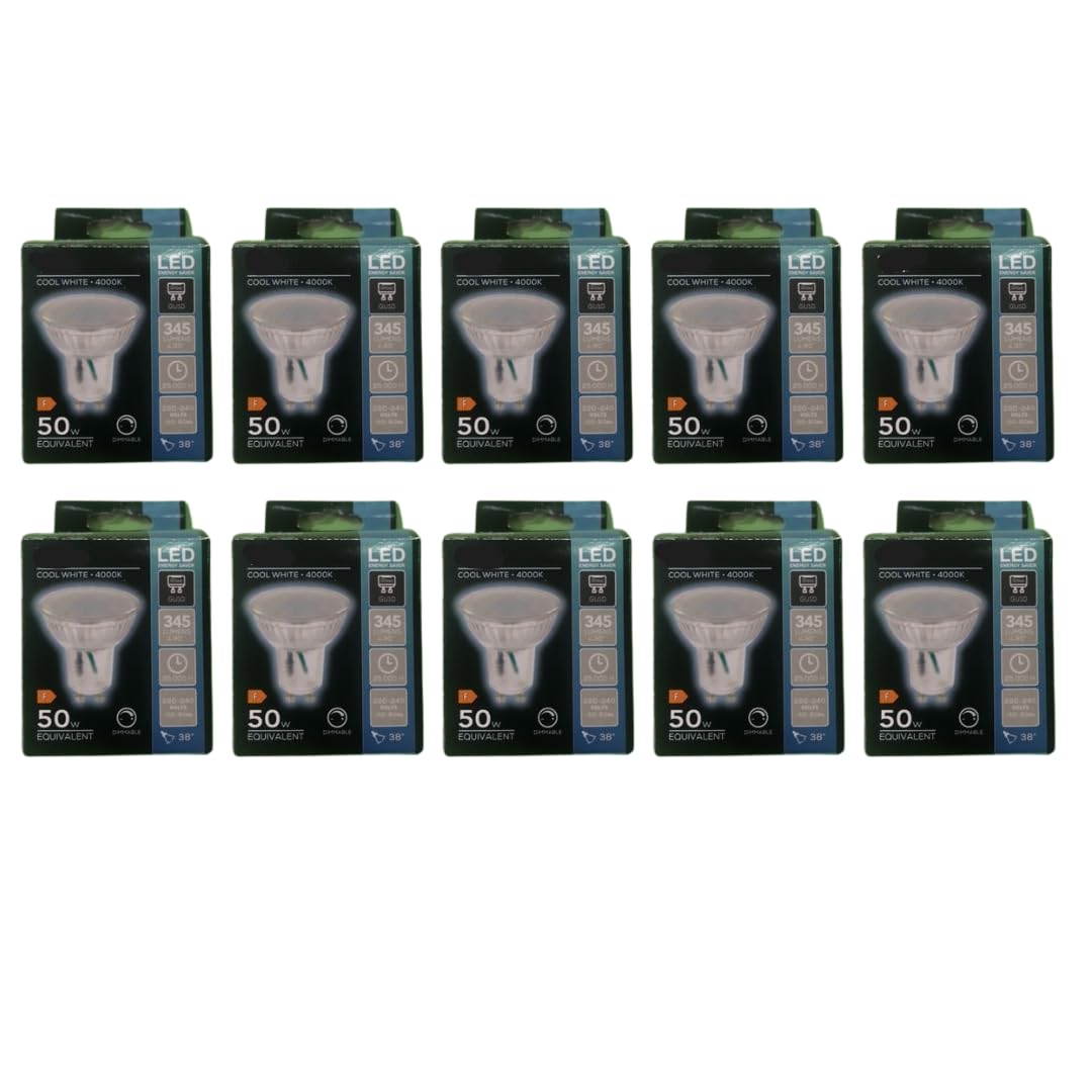 Pack of Ten LED GU10 Dimmable Light Bulbs 4.5W Cool White 4000K 345 Lumens for Home, Office & Commercial Use | Energy Saving Spotlight Lamps Ideal for Downlights Track Lighting and Halogen Retrofit