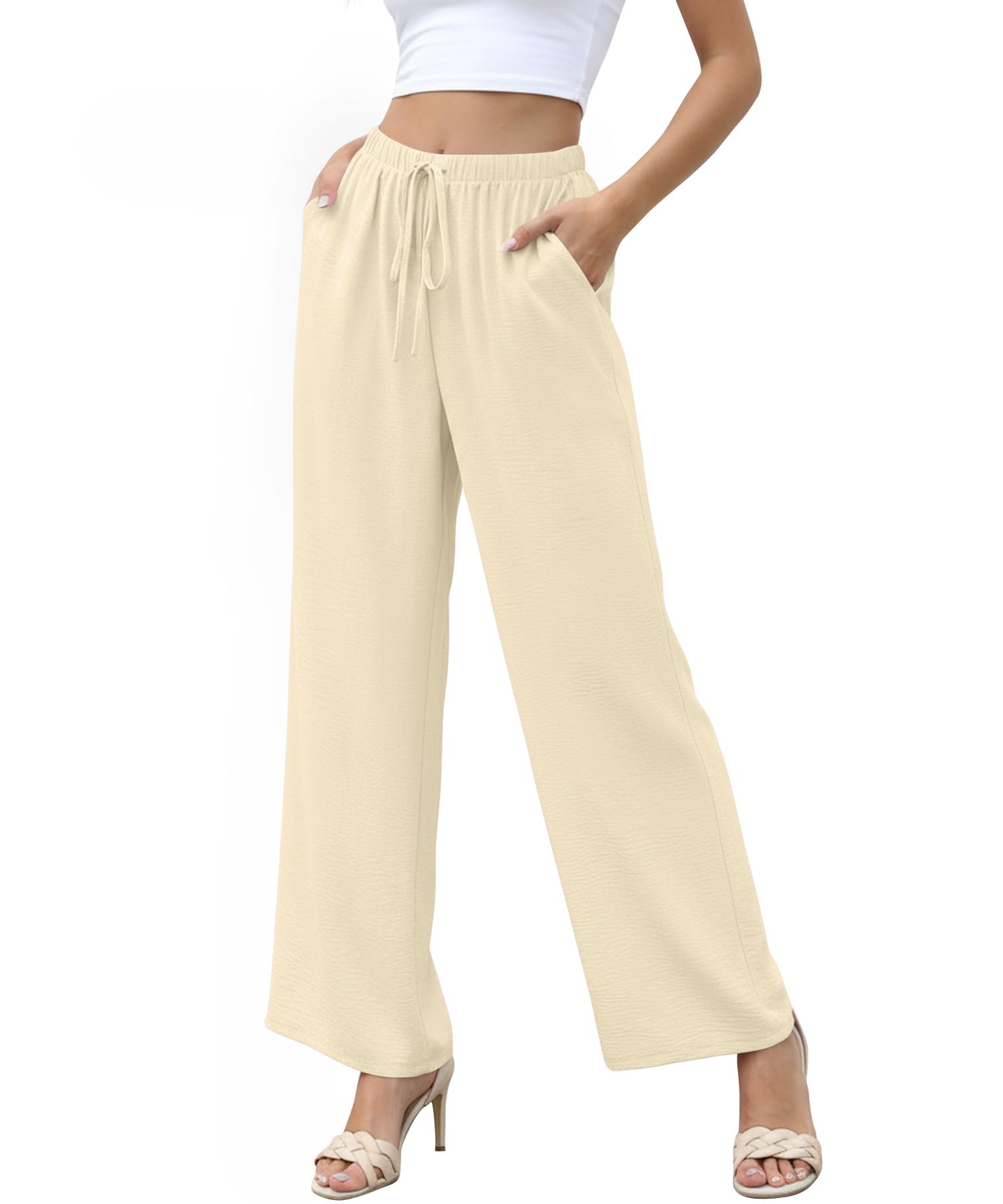 Women High Waist Casual Pants Elastic Wide Leg Summer Beach Palazzo Trousers with Pockets Lightweight Comfy Beige Yellow