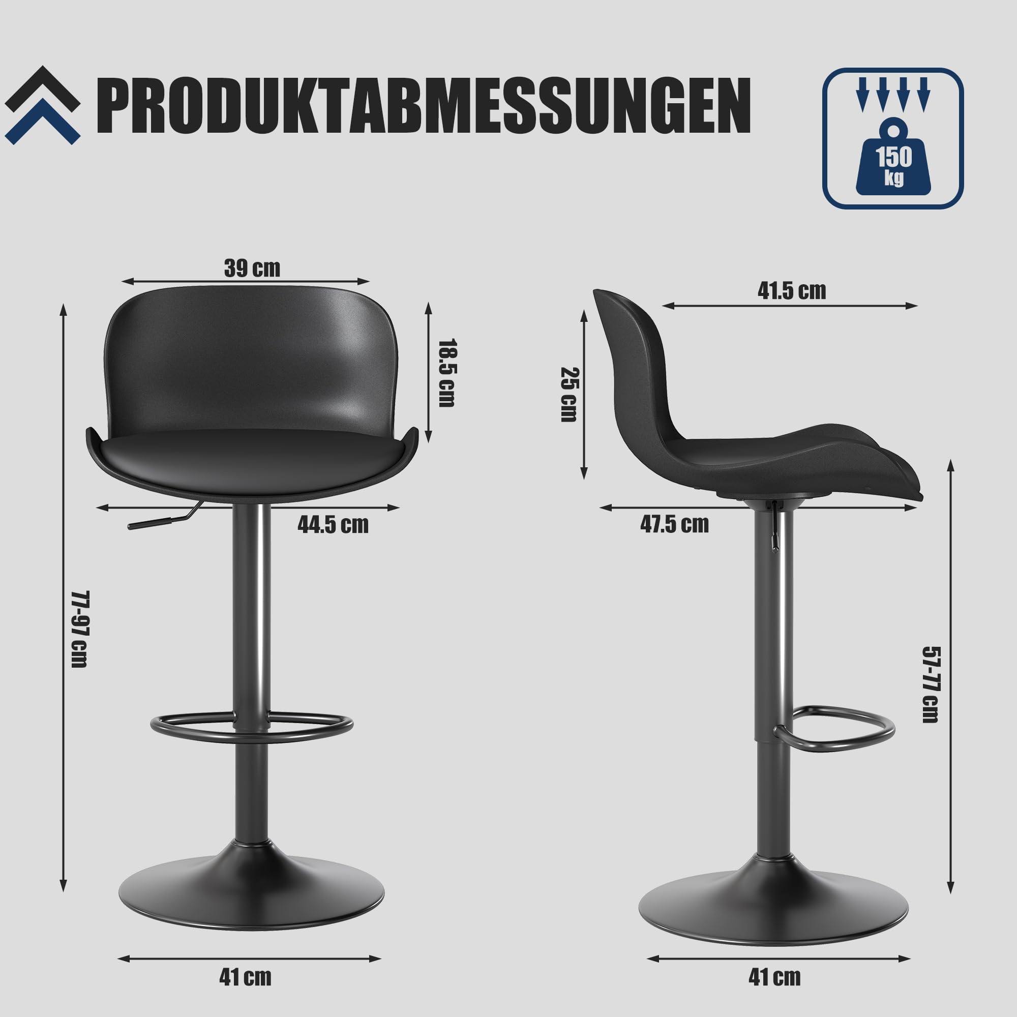 Flysky Barhocker 3er Set, verstellbar, Rückenlehne, PU-Leder, Schwarz