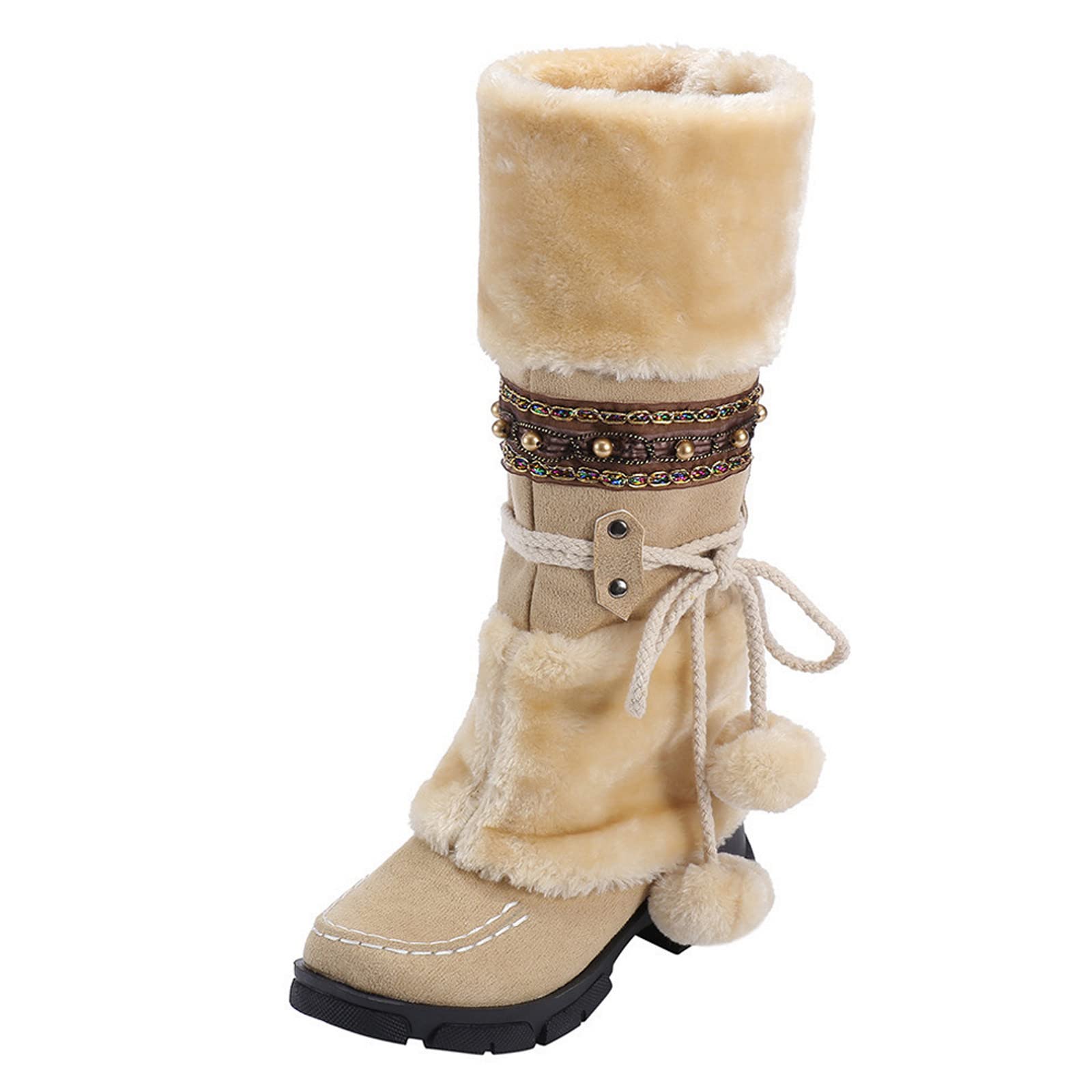 Womens Boots Waterproof Cold Weather Warm Anti-Slip Mid-Calf Fur Boots Fashion Suede Lace Up Booties Western Flat Shoes