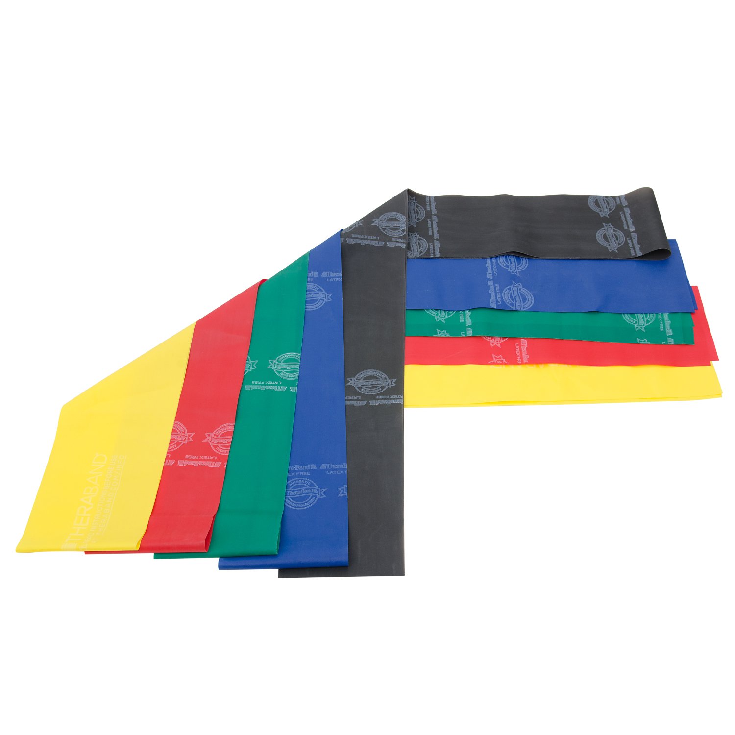 Thera-Band - Kit di recupero a 5 bande senza lattice, colore: Giallo/Rosso/Verde/Blu/Nero, 5 fasce, 1,5 m (lunghezza) x 10,2 cm (larghezza) ciascuna