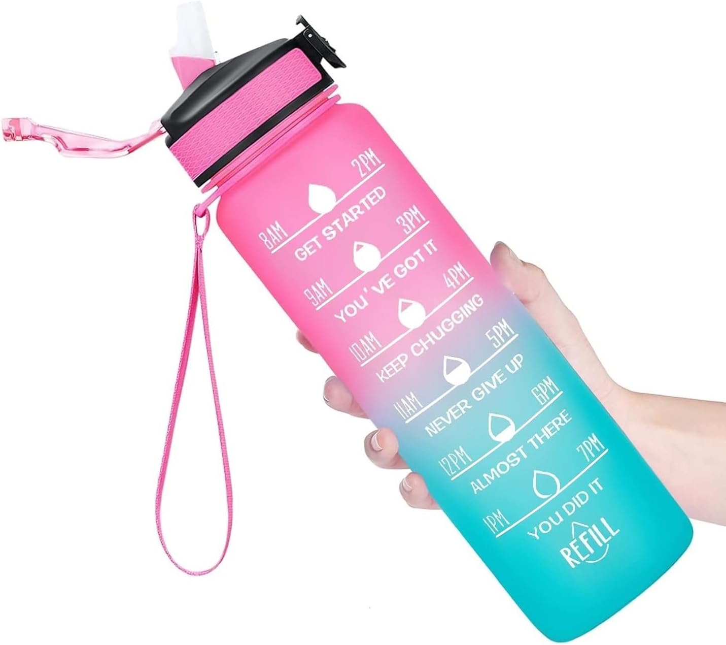 SKY-TOUCH 1L Sports Water Bottle : Motivational Water Bottle with Time Marker and Straw Leakproof Bottles for Fitness Gym and Outdoor Sports (Blue&Pink, 1pcs)