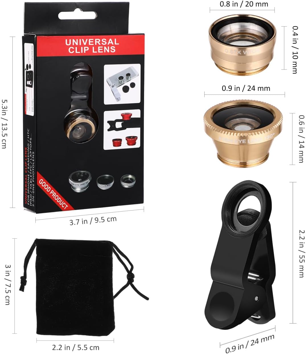 ULTECHNOVO Universal Portable Phone Camera Lens 3-in-1 Clip on Macro Lens Fisheye Wide Angle for Smartphones with Aluminum Construction