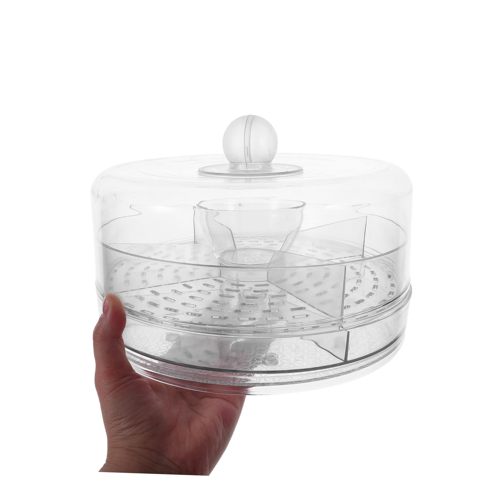 ULTECHNOVO Drehbarer Servierteller für Obst und Gemüse Transparente Kunststoffbox mit Deckel und Trennwänden Multifunktionale Lebensmittel-aufbewahrungsbox als Salatbehälter für Kühlschrank U