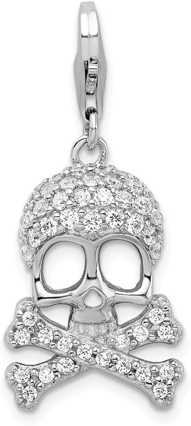 Rhodium-Plated Sterling Silver Synthetic CZ Skull and Cross Bones w/Lobster Clasp Charm