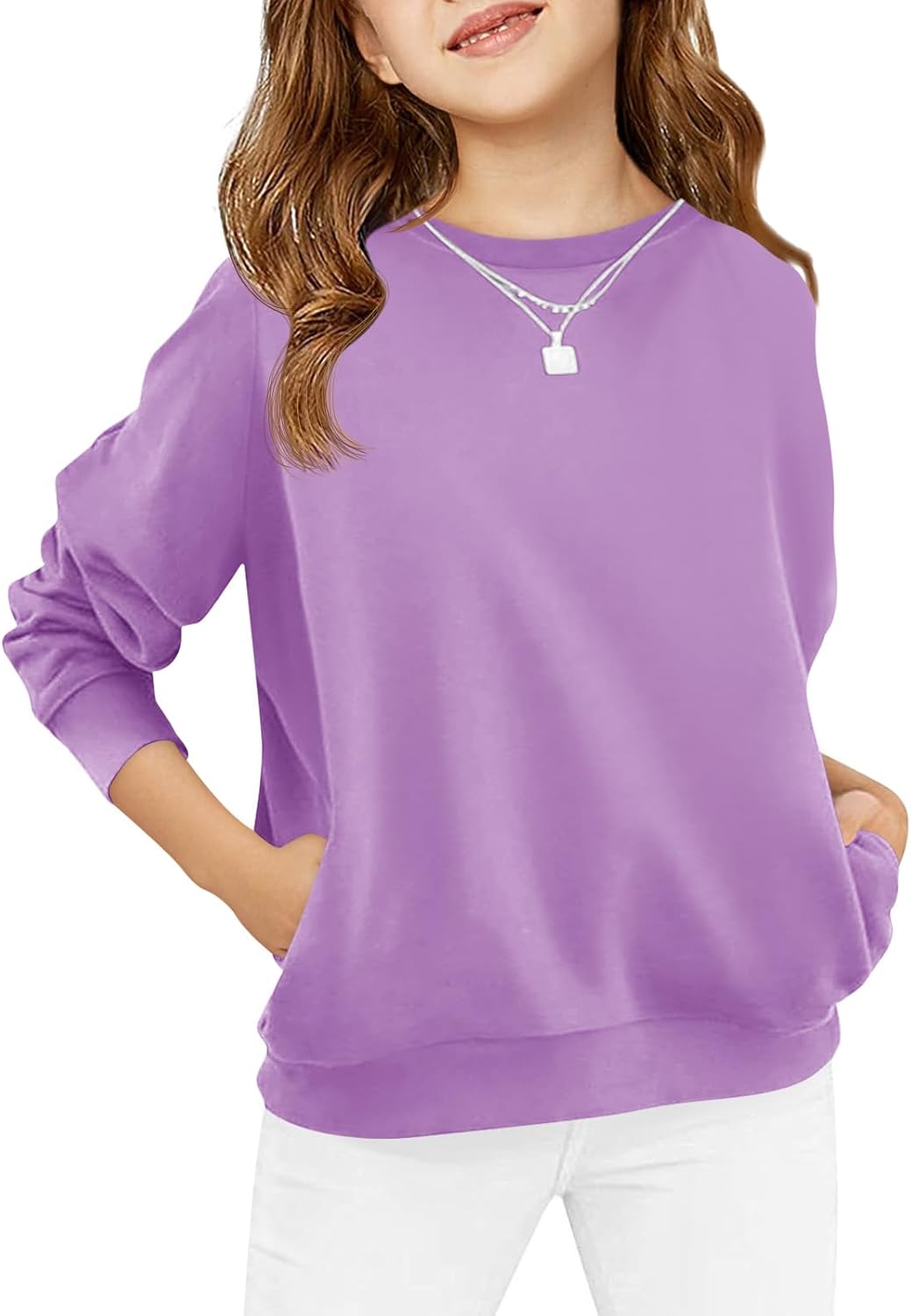Haloumoning Girls Long Sleeve Sweatshirts Kids Casual Crewneck Loose Fit Pullover with Pockets 5-14 Years