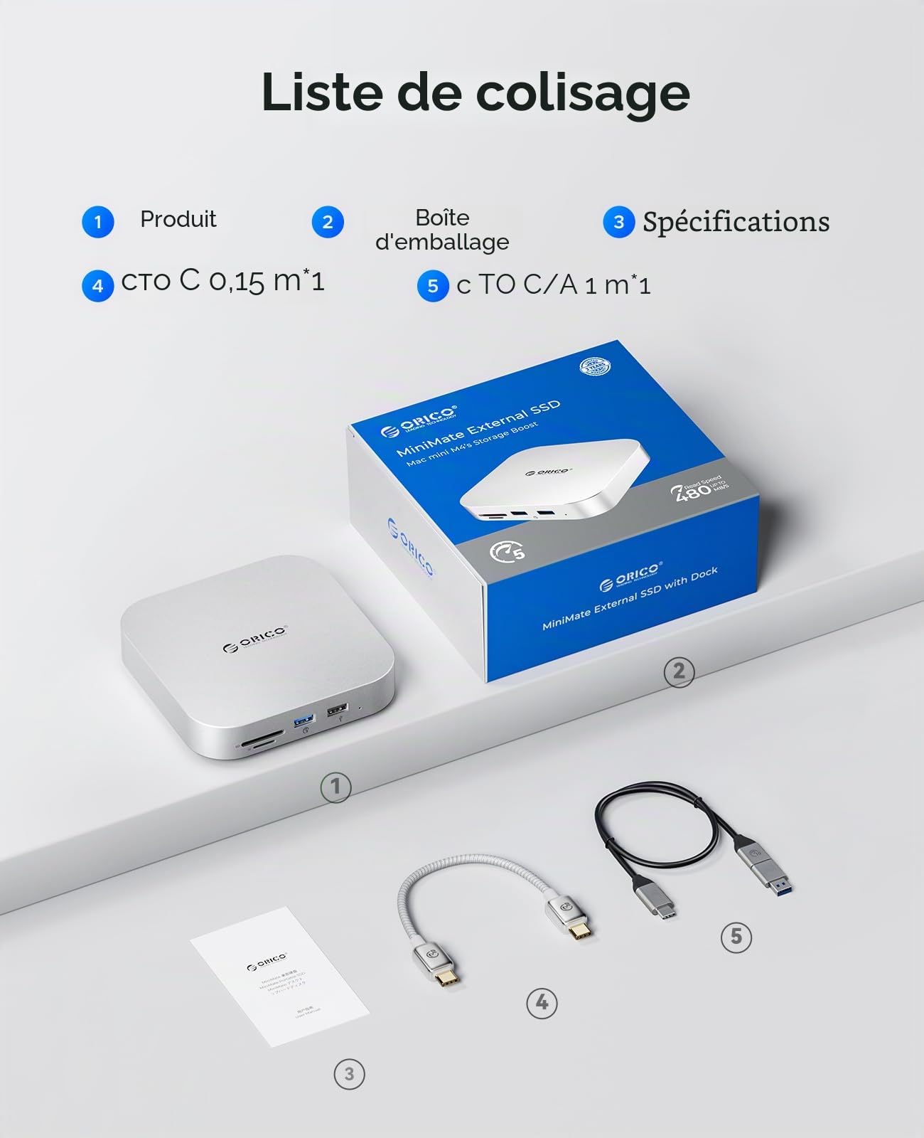 ORICO Mac Mini M4 4TB Storage & Docking Station, SSD Externe 5Gbps(460MB/s), USB A* 4, USB-C, SD/TF 3.0, 3.5mm Audio, Câble * 2 - M4SE